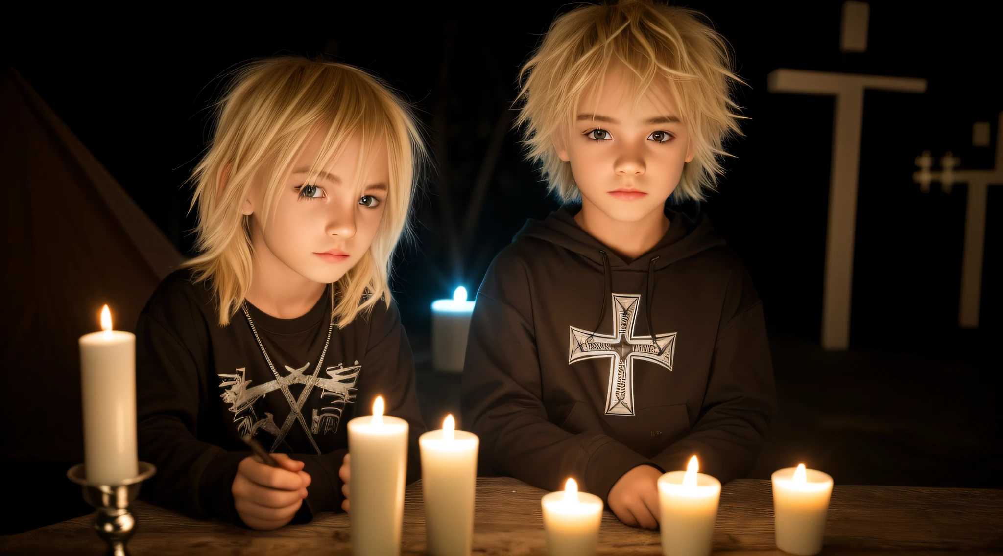 BLONDE HAIR KIDS MAN CABELO LONGO METAL HAIR , Gothic cross, cruz, CROSSES WITH LIT CANDLES in hand.