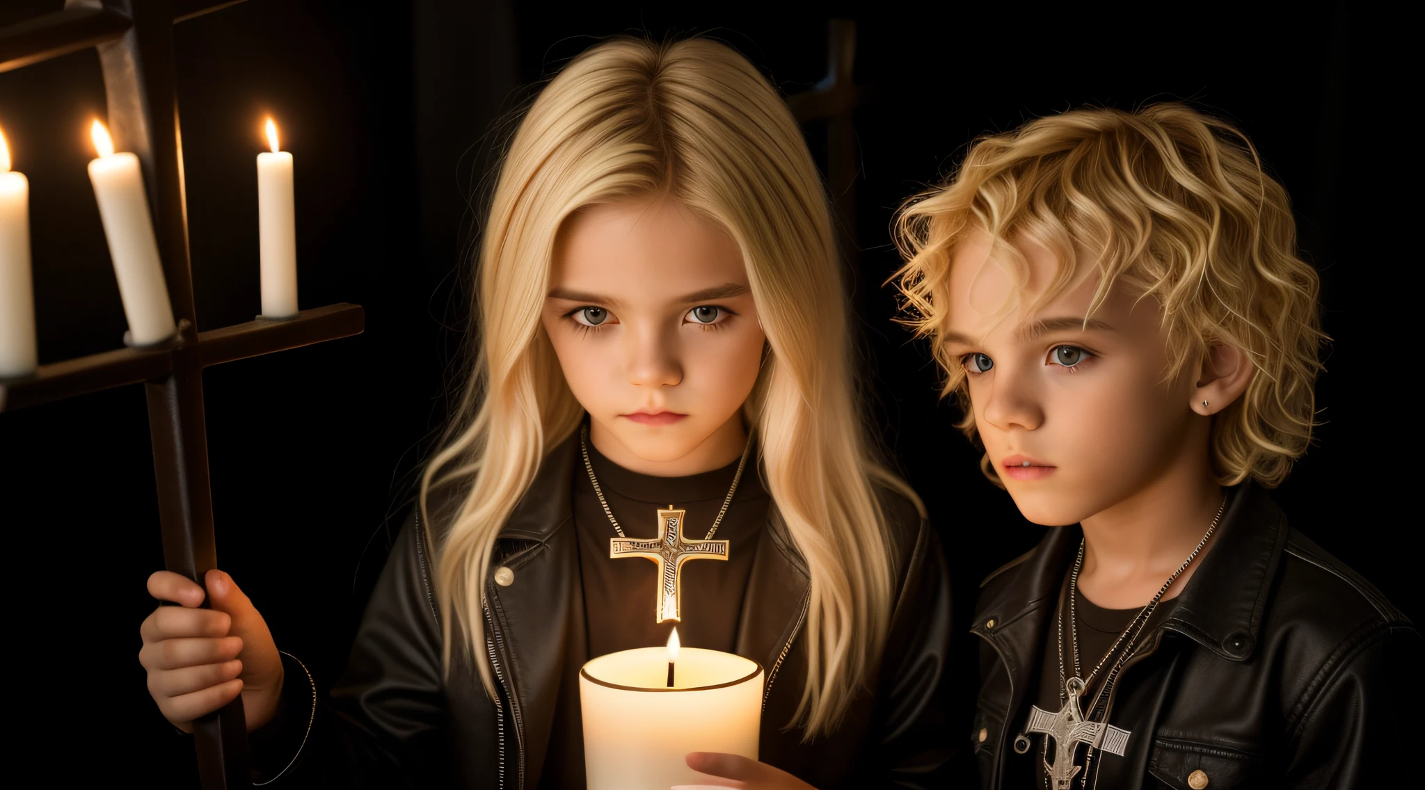 BLONDE HAIR KIDS MAN CABELO LONGO METAL HAIR , Gothic cross, cruz, CROSSES WITH LIT CANDLES in hand.