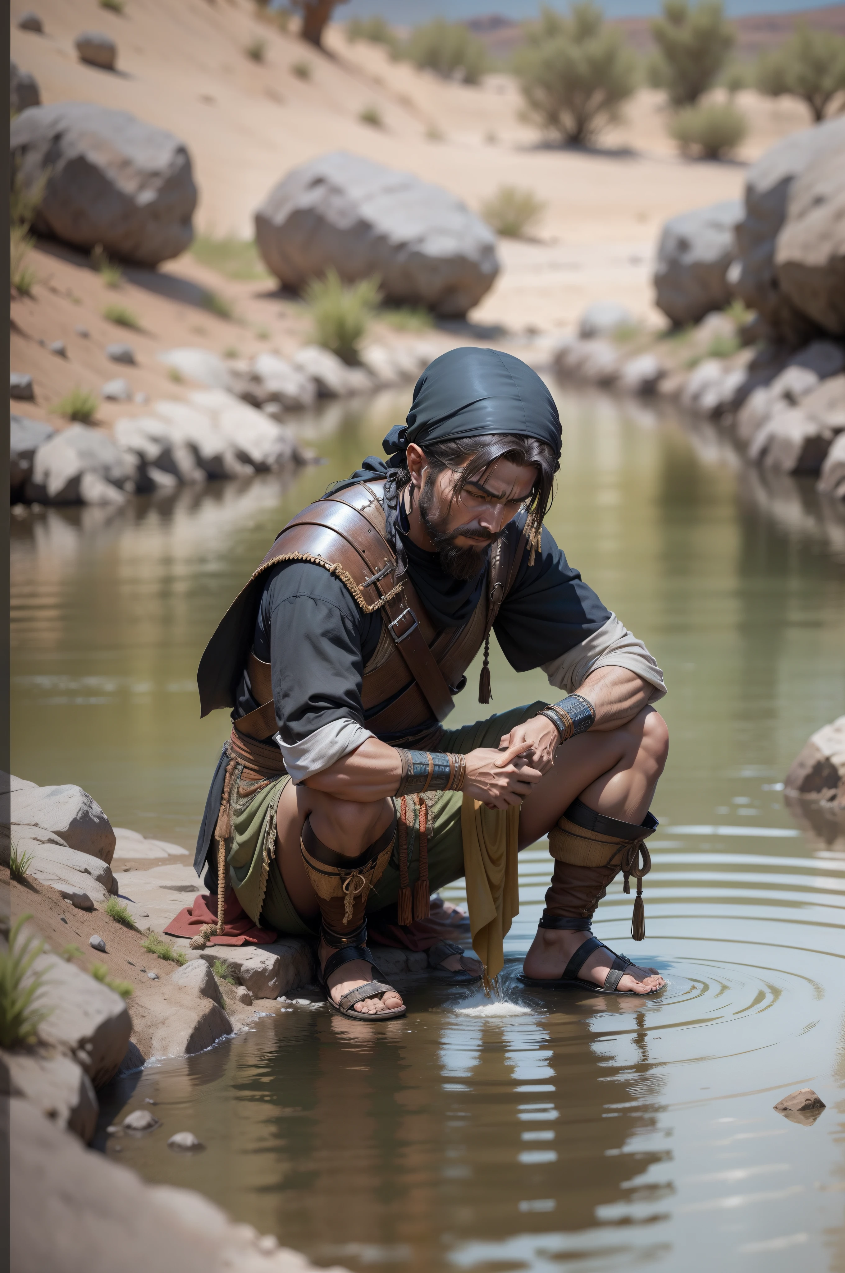 Crouching men drinking river water, Biblical character, biblical warrior, deserto, Bible, Estilo realista