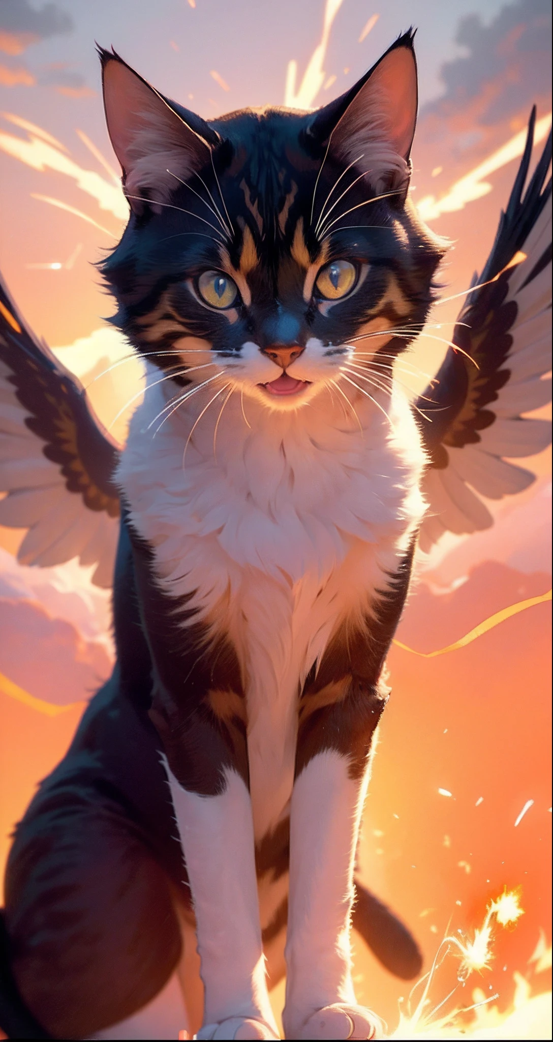 tmasterpiece, beste-Qualit, filmstill, 1 cat, Cat Goddess of Fire Cat from the Clouds, soaring in the sky, a closeup of a, The vibrant, a happy, warm soft lighting, Sundown, (sparks: 0,7) The Goddess of Water