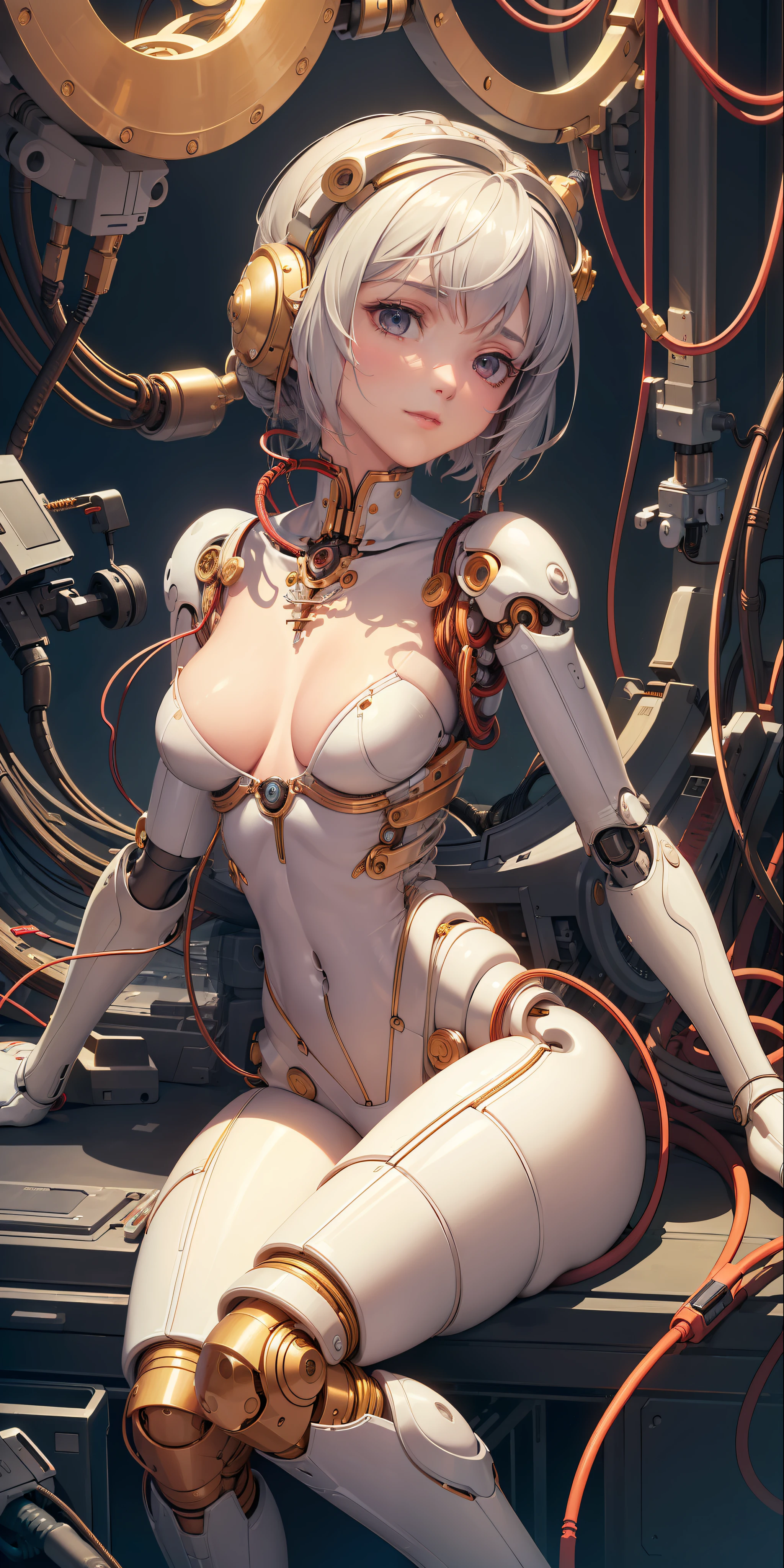 (((masterpiece))), ((((best quality)))), (((ultra-detailed))), (highly detailed CG illustration), ((an extremely delicate and beautiful)),(cute delicate face),cinematic light,((1mechanical girl)),solo,full body,(machine made joints:1.4),((machanical limbs)),(blood vessels connected to tubes),((mechanical vertebra attaching to back)),((mechanical cervial attaching to neck)),((sitting)),expressionless,(wires and cables attaching to head and body:1.5),(character focus),science fiction