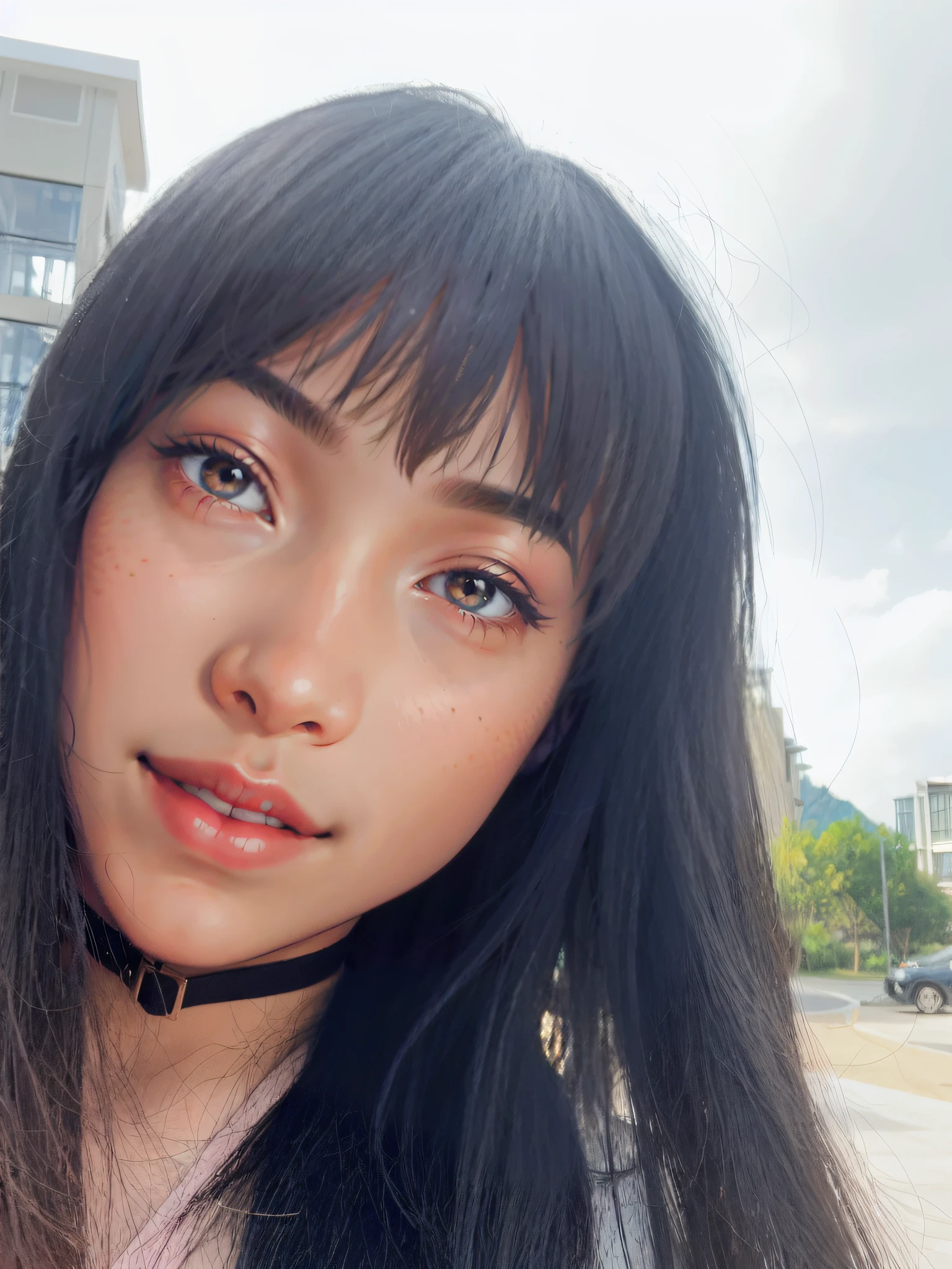 high definition symmetrical image, (goddess of breasts, (((round face))), eyes realistic sizing, (drooping eyes), small breasts, (unzipped hoodie), nipples, (closeup breasts), (((large areolas))), (various expressions, cute smiling), (sunset, big sky, cloud, buildings), (angle from breasts below),