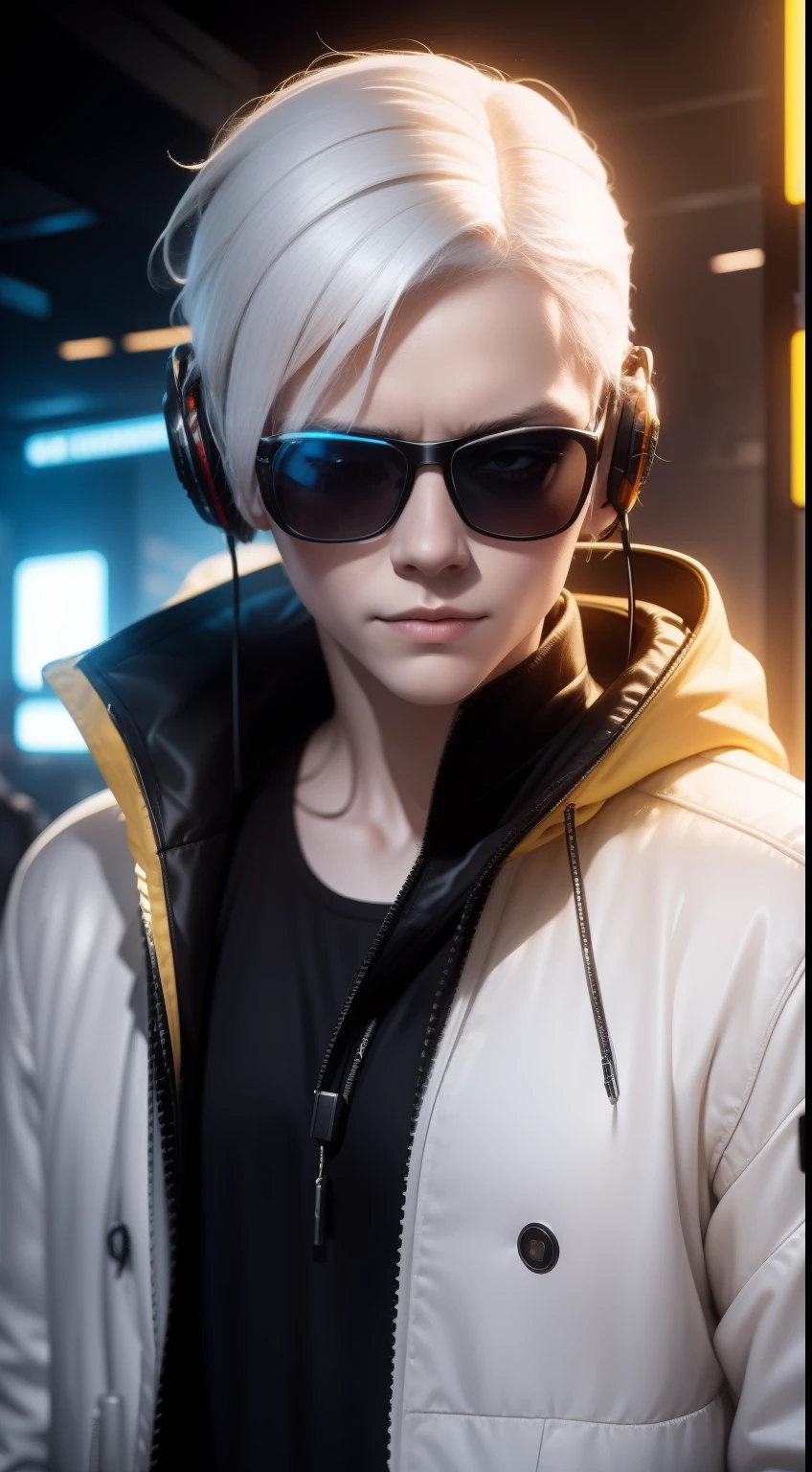 Pale yellow clothes, White skin, White hair,Cyberpunk, Golden eyes, (Wearing sunglasses)(Wearing headphones)Looking up, Upper body