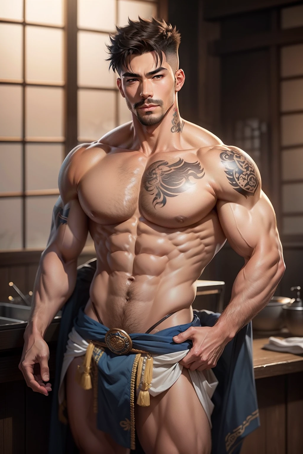 short detailed hair, photorealistic perfect body, Muscular, Handsome boy, Asian male, Muscular, Shirtless ，High detail, Lean and muscular, Detailed body, Muscle men ，Man, Handsome anime pose, Muscular body，Wearing clogs，There is chest hair，Has ventral hair，with mustache，Wear a Japanese loincloth，with tattoos