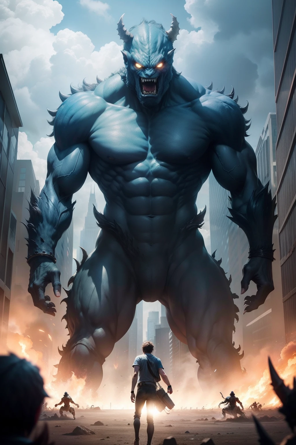 Several giant monsters attack a ager, and you can see the monsters and the teen's entire body