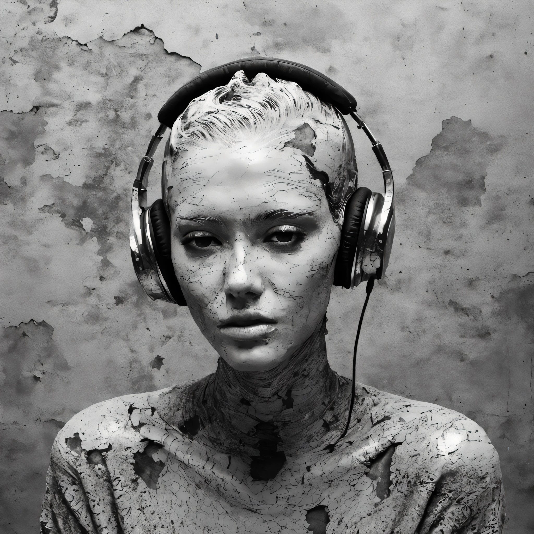 old plaster, (art by Joana Vasconcelos:1.2) ,art by Valentine Penrose, Photograph, zoomed out of a Stressed Female, wearing Inventive Islamic Concrete Zip-up sweater, fashion modeling pose, Wretched Lob hairstyle, Shiny Headphones, Reiwa Era Freckles, Sketched, Shameless, Lunarpunk, flat lighting,