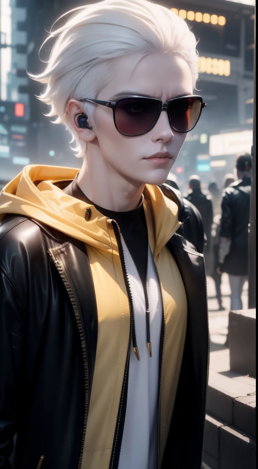 Pale yellow clothes, White skin, White hair,Cyberpunk, Golden eyes, （Wearing sunglasses）（Wearing headphones）Looking up, Upper body