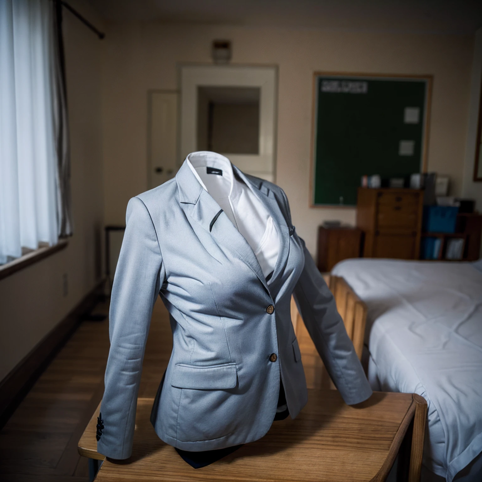 (girls' blazer:1.7) , (school blazer swells as if worn by invisible girl:1.7),((invisible, no humans:1.7, headless:1.7, handless, legless)), (big breasts:1.9),(on the bed), (pose),
(8k, RAW photo, best quality, masterpiece:1.2), (realistic, photo-realistic:1.37),photon mapping, radiosity, ((Hasselblad photography)),physically-based rendering,