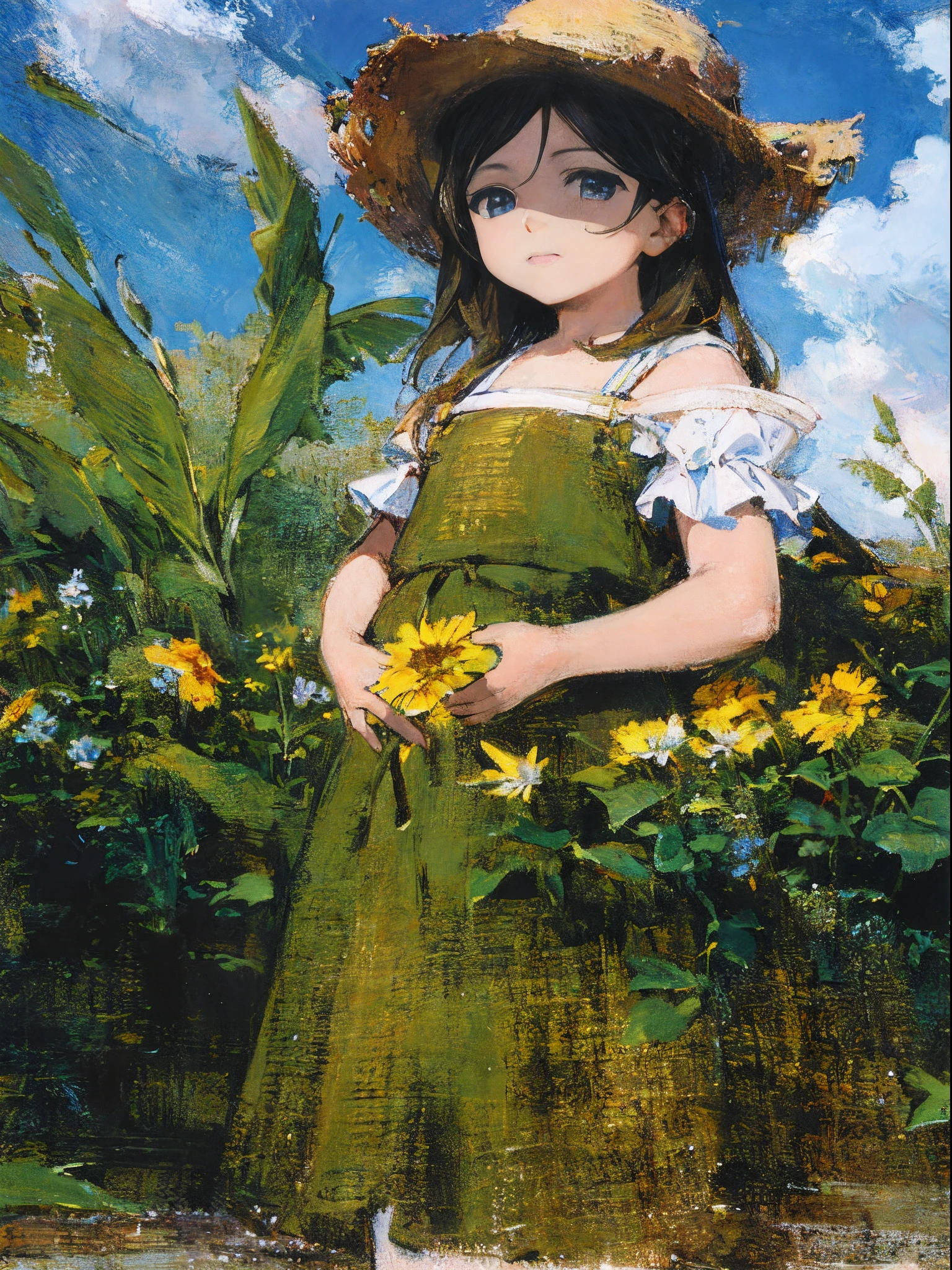 oil painted，Oil paints，tmasterpiece，Renaissance，Skysky，Clear blue sky，Clouds，nice detailed sky，Beautiful sea of flowers，flower  sea，zaun，Flowers in hand，Works of masters，scenecy，The back of the person，very small character，The theme is the landscape，Old fashioned building，western architecture，himawari，flower  field