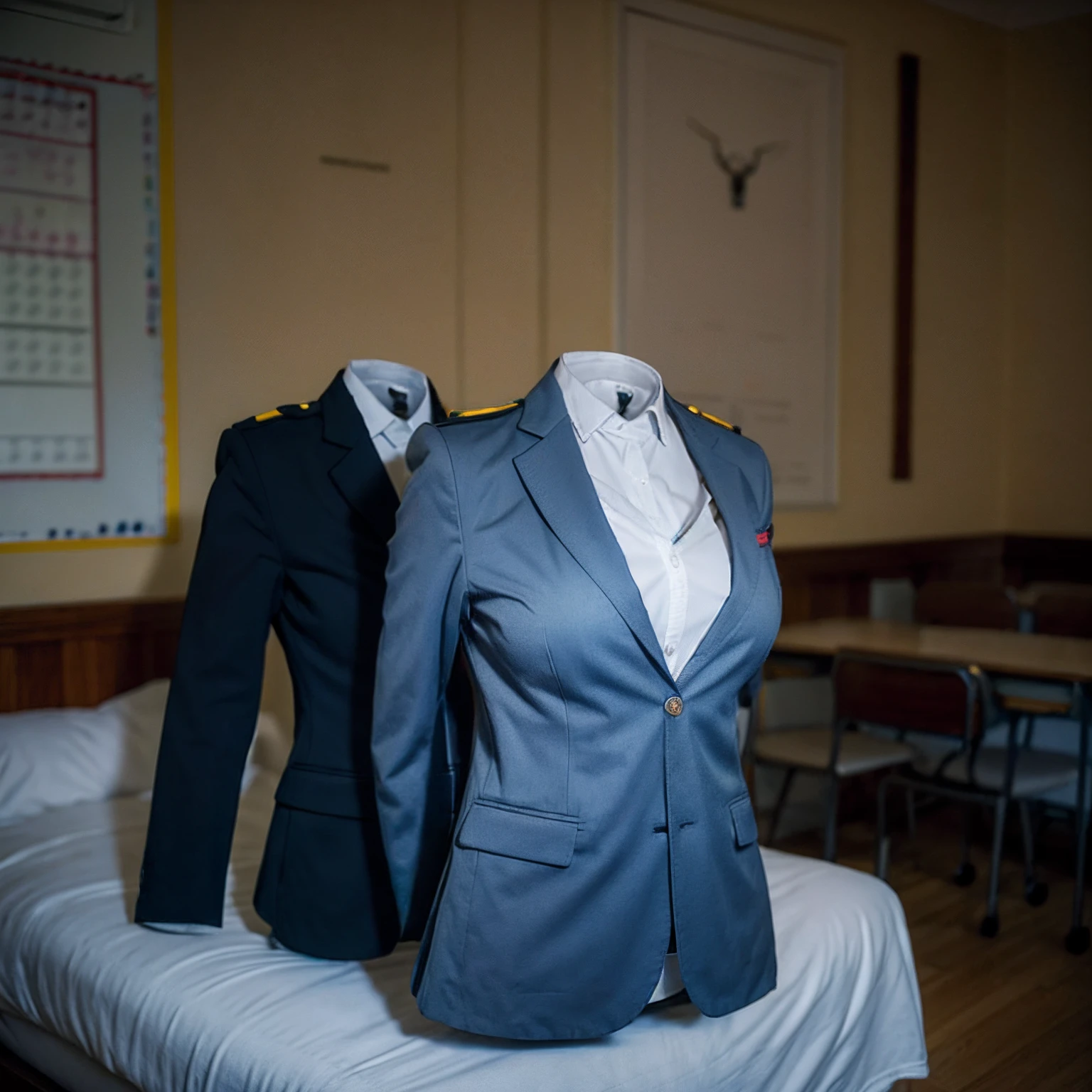 (girls' blazer:1.7) , (school blazer swells as if worn by invisible girl:1.7),((invisible, no humans:1.7, headless:1.7, handless, legless)), (big breasts:1.9),(on the bed), (pose),
(8k, RAW photo, best quality, masterpiece:1.2), (realistic, photo-realistic:1.37),photon mapping, radiosity, ((Hasselblad photography)),physically-based rendering,