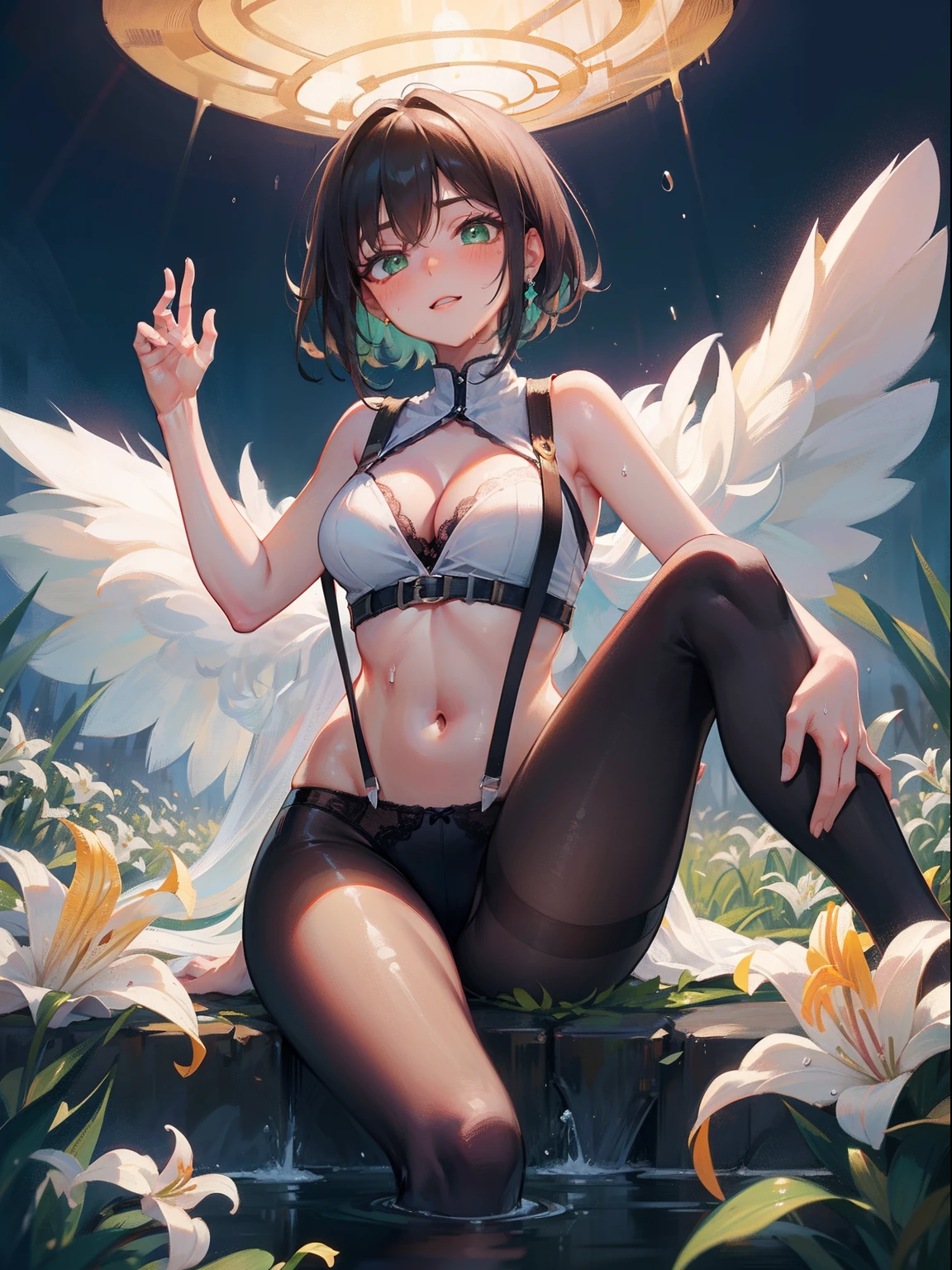 (Masterpiece), (Best quality), 超高分辨率, Sharp focus, ((1 woman, Solo)), (On the meadow of lilies), Surrounded by butterflies, (is in night:1.2), full bodyesbian, medium to long shot, American professional baseball detailed face, ((Beautiful eye shape, Green eyes)), perfect feminine face, Look at the viewer, Comfortable face, ssmile, Blushing, Hourglass body type, Women's light wear – original style lace panties,Suspender stockings,cleavage,brassier,navel,Sexual suggestiveness,Loves,,lacepantyhose,Thin leg,Noodle figure,perspire,Expose lateral areola,Excretion of breast milk,grouchy,Sit flat,Stretch your feet,Close-up of the foot,sperm,Spring,The shape of the female genital organs is clearly visible,climaxing,Desire for dissatisfaction,opening legs,showing off panties,soaking wet,Rained