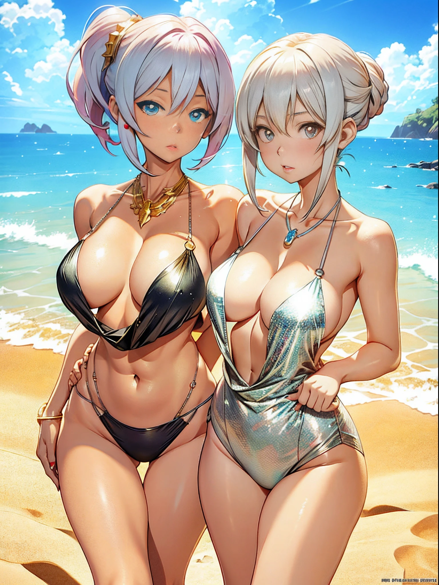Two women in bikinis pose for a photo on the beach, seductive anime girls, beautiful and seductive anime woman, Guviz-style artwork, Perfect white haired girl, Guviz, Beautiful anime girl, ross tran. scenery background, in beach, Beautiful anime woman, trending on artstation pixiv, Extremely detailed Artgerm, Beautiful anime，Extra-large big breasts，Blush，