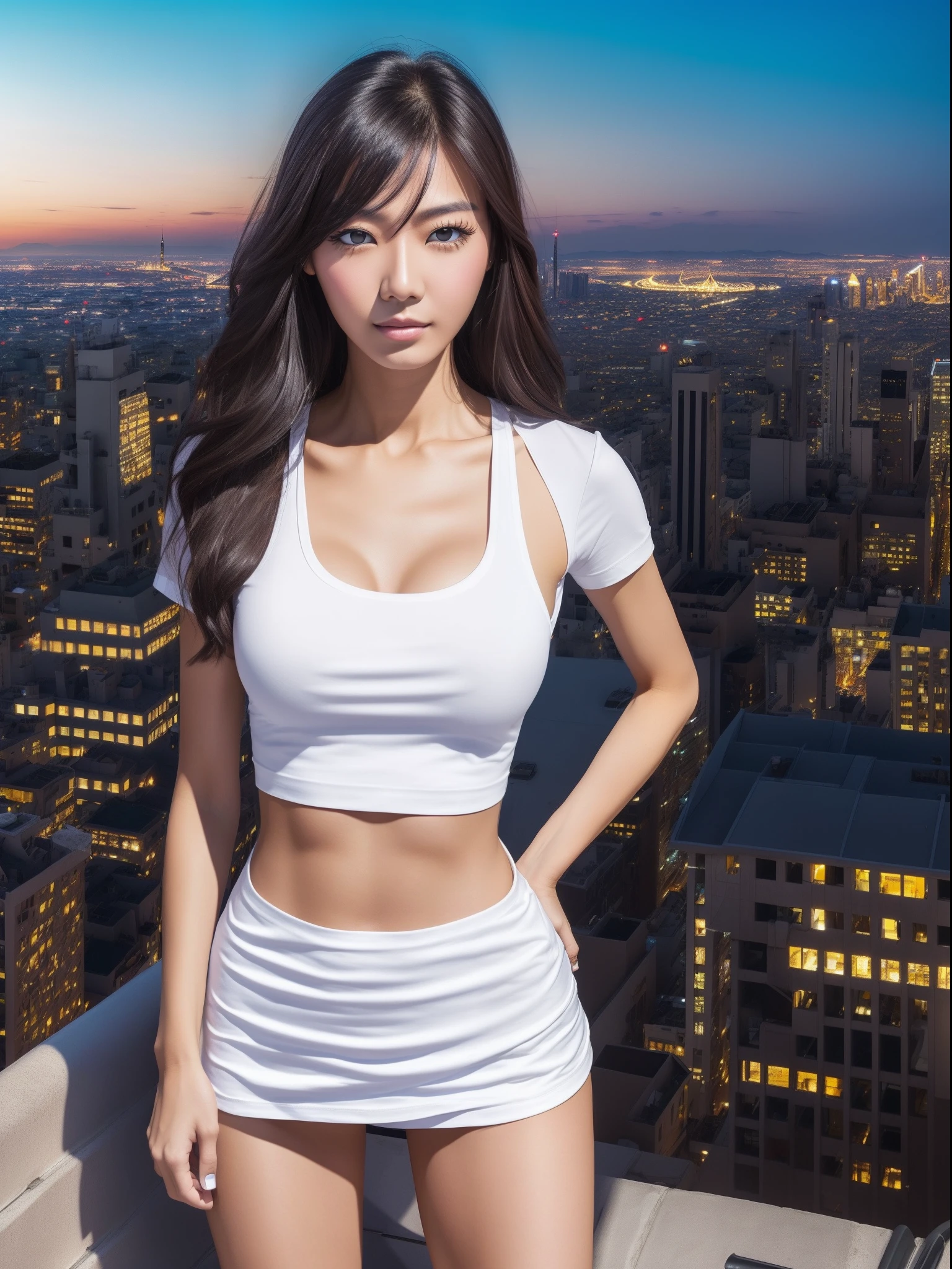 ((Midnight, Best quality, 8k, Masterpiece :1.3)), Whole body, Long legs, Sharp focus :1.2, A pretty woman with perfect figure :1.4, Slender abs :1.1, ((Dark brown hair, Big breasts :1.2)), (White tight tshirt, Jean bib, Standing:1.2), ((Night city view, Rooftop:1.3)), Highly detailed face and skin texture, Detailed eyes, Double eyelid --auto