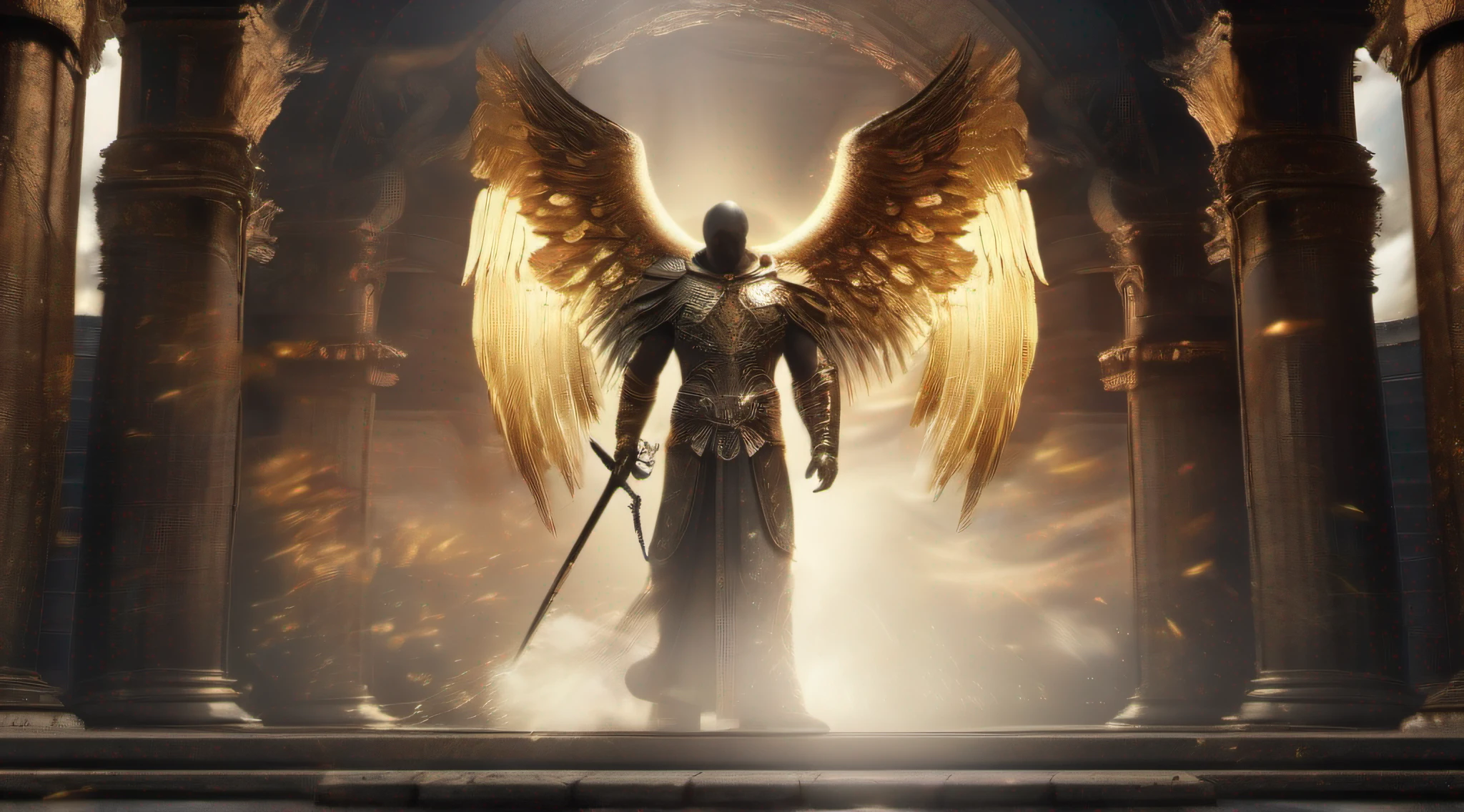 a warrior angel, powerful with wings of gold, entering a great portal between heaven and hell, celestial aura, scene of destruction and suffering