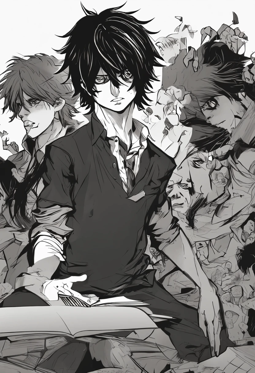 (melhor qualidade, obra-prima) L Lawliet do anime Death noter, in a unique and captivating style, fundo escuro, intense expression, olhos penetrantes, cabelo preto desarrumado, roupas escuras e elegantes, silhueta misteriosa, postura confiante em um quarto com livros e um computador.