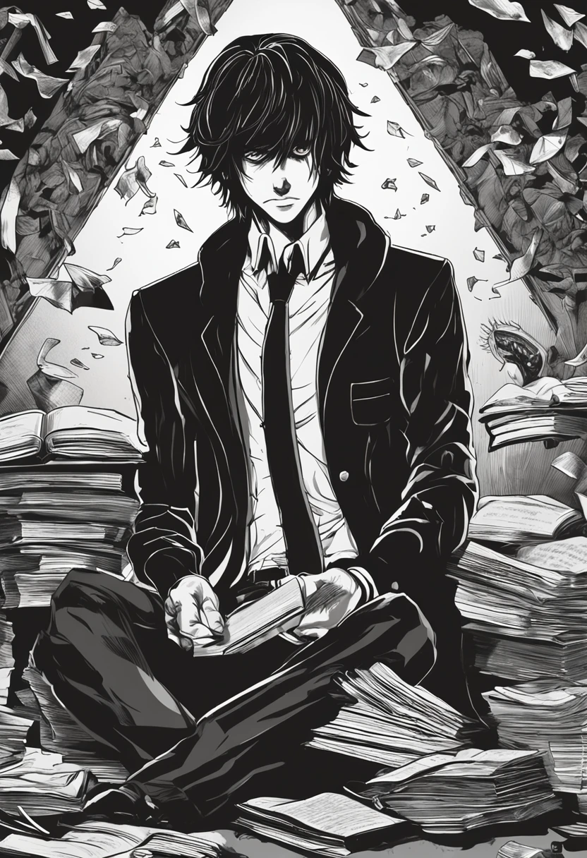 (melhor qualidade, obra-prima) L Lawliet do anime Death noter, in a unique and captivating style, fundo escuro, intense expression, olhos penetrantes, cabelo preto desarrumado, roupas escuras e elegantes, silhueta misteriosa, postura confiante em um quarto com livros e um computador.