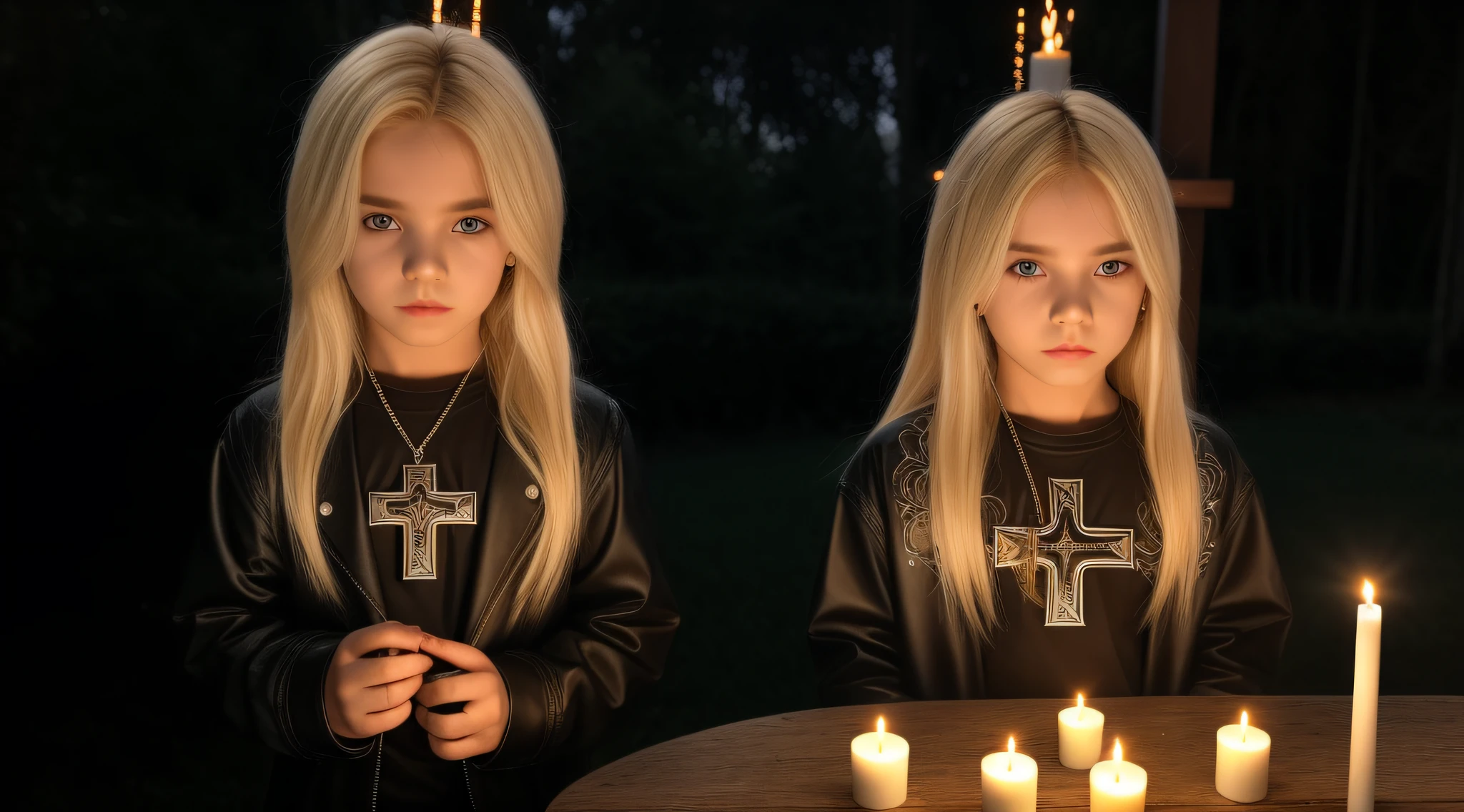 BLONDE HAIR KIDS MAN CABELO LONGO METAL HAIR , Gothic cross, cruz, CROSSES WITH LIT CANDLES in hand.