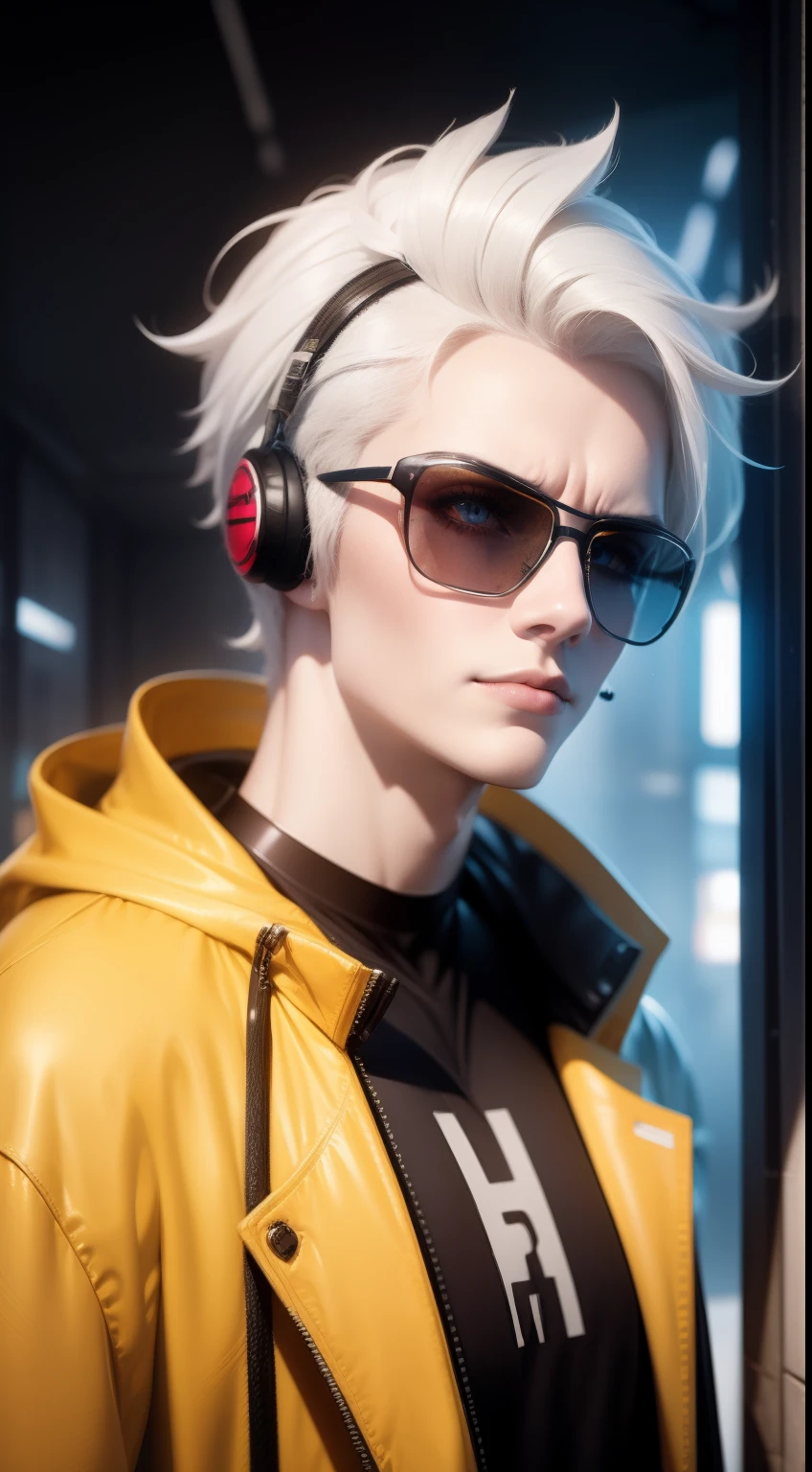 Pale yellow clothes, White skin, White hair,Cyberpunk, Golden eyes, （Wearing sunglasses）（Wearing headphones）Looking up, Upper body