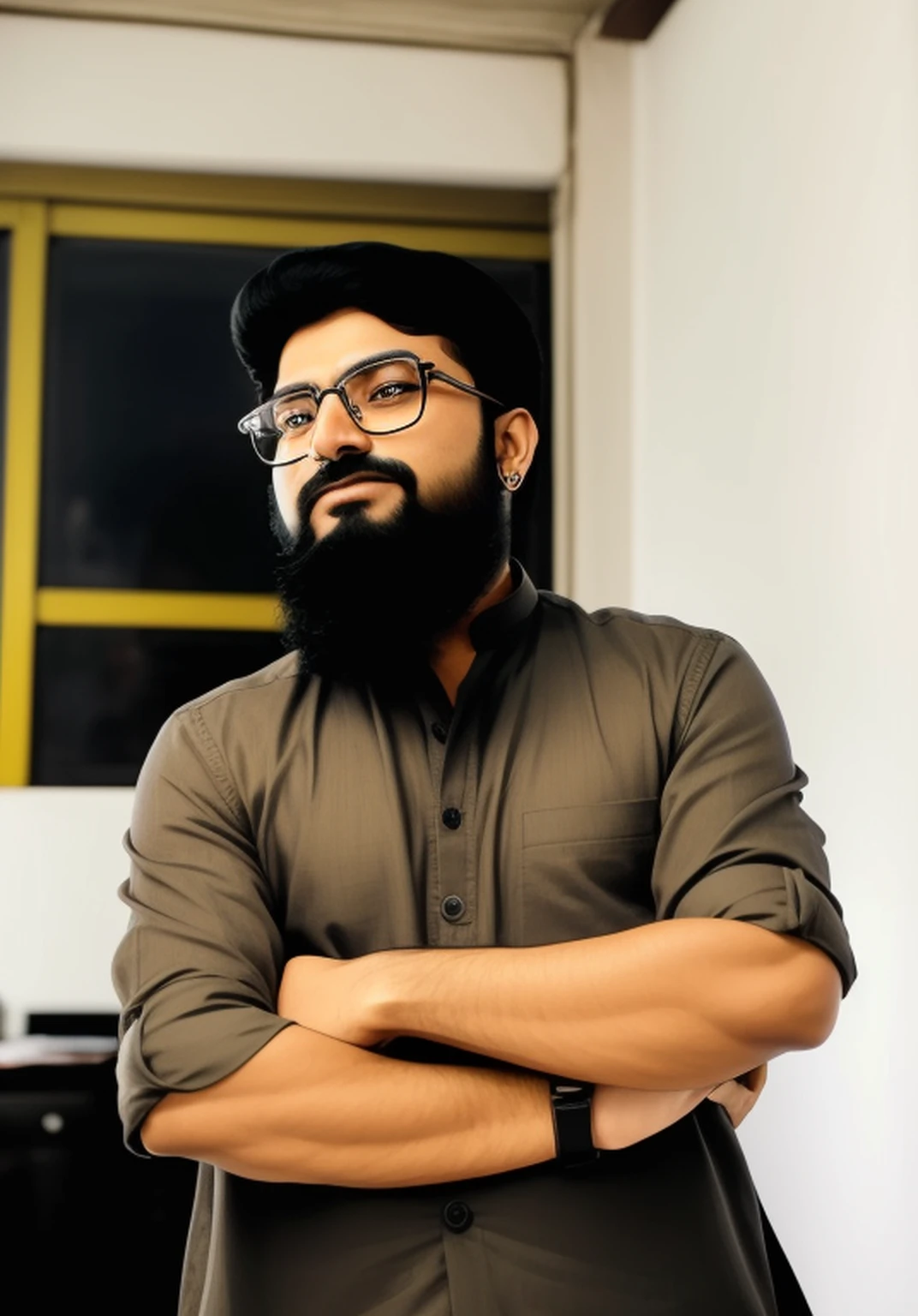 arafed man with a beard and glasses standing with his arms crossed, inspired by Bikash Bhattacharjee, inspired by Sudip Roy, candid picture, inspired by Saurabh Jethani, in a menacing pose, mid shot portrait, shot on nikon z9, khyzyl saleem, kyza saleem, shot on sony a 7
