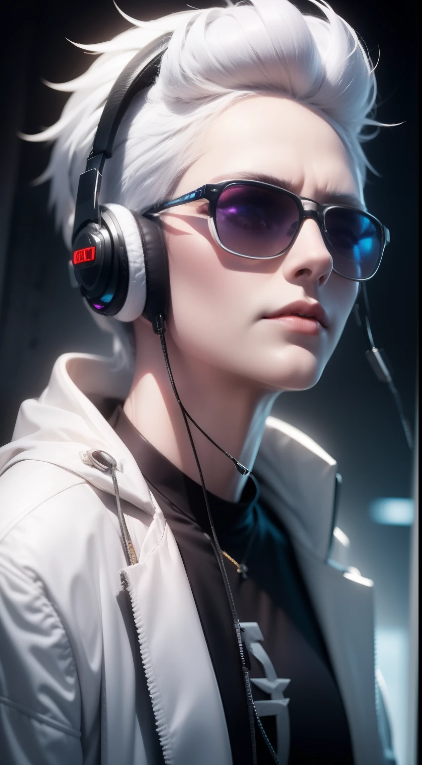 White clothes, White skin, White hair,Cyberpunk, Golden eyes, （Wearing sunglasses）（Wearing headphones）Looking up, Upper body