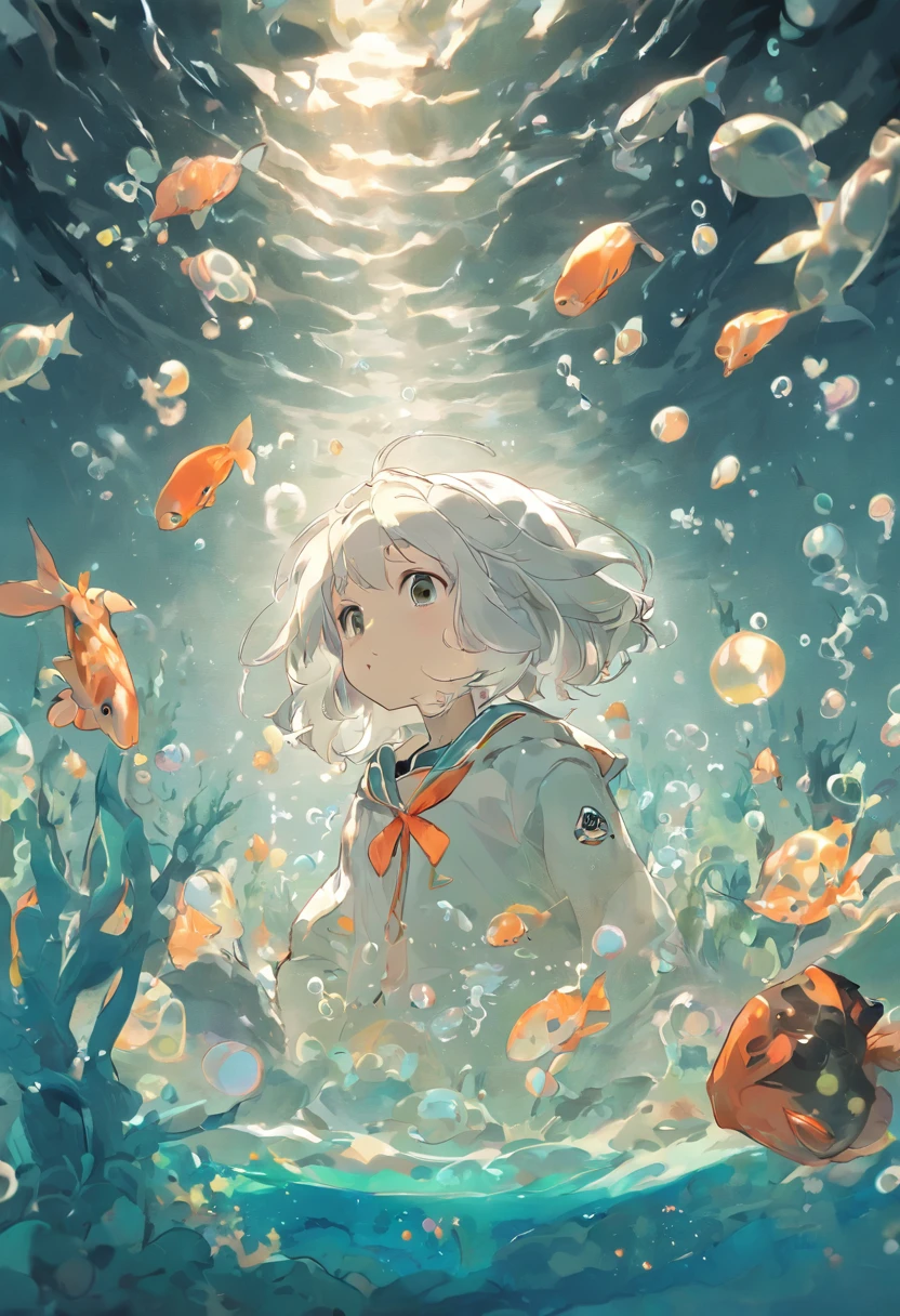 Undersea juvenile silver-haired shell house，Short white hair baby boy，Colorful bubbles，a plant，Glowing small fish，Sparkling，ocean floor，