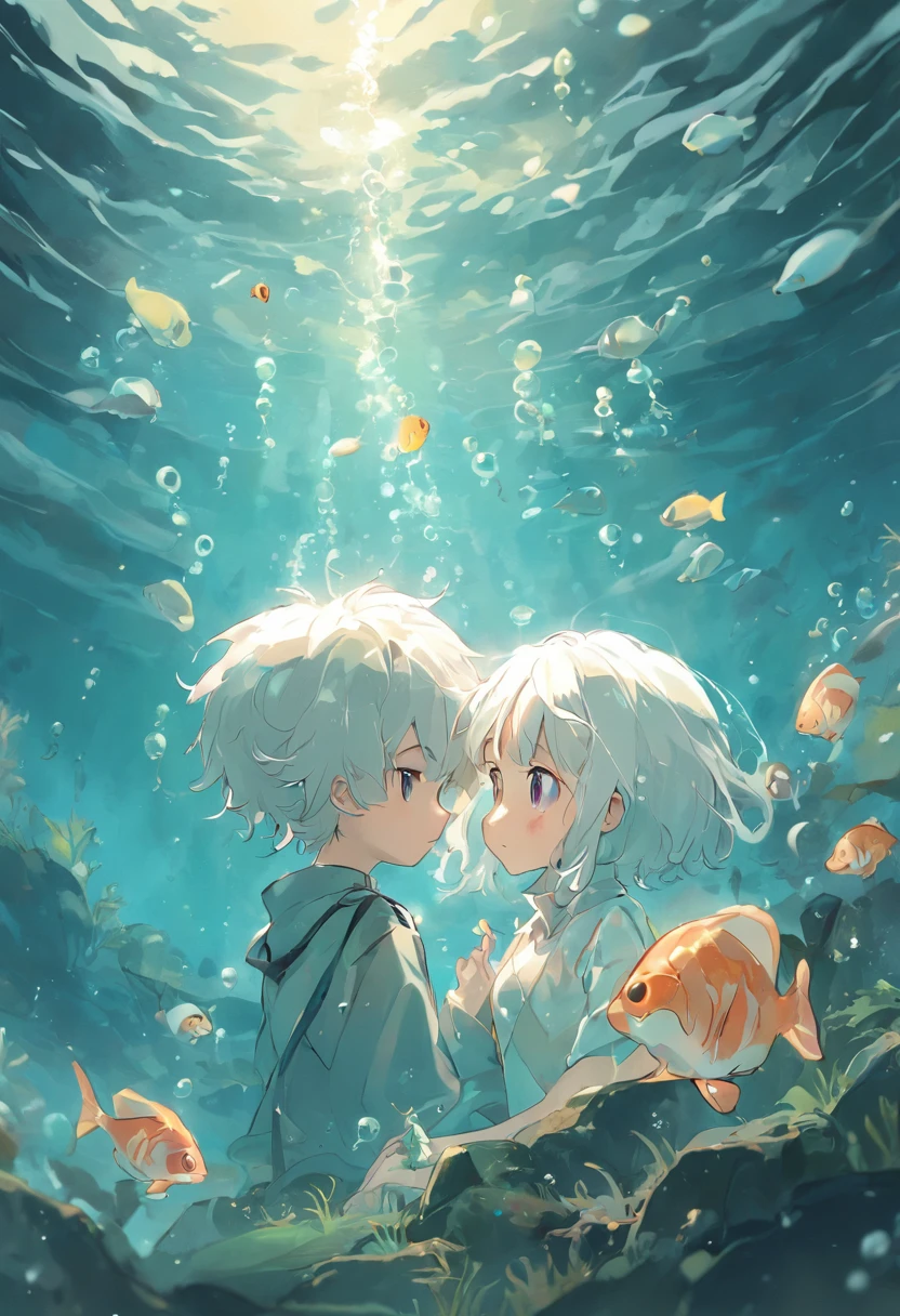 Undersea juvenile silver-haired shell house，Short white hair baby boy，Colorful bubbles，a plant，Glowing small fish，Sparkling，ocean floor，