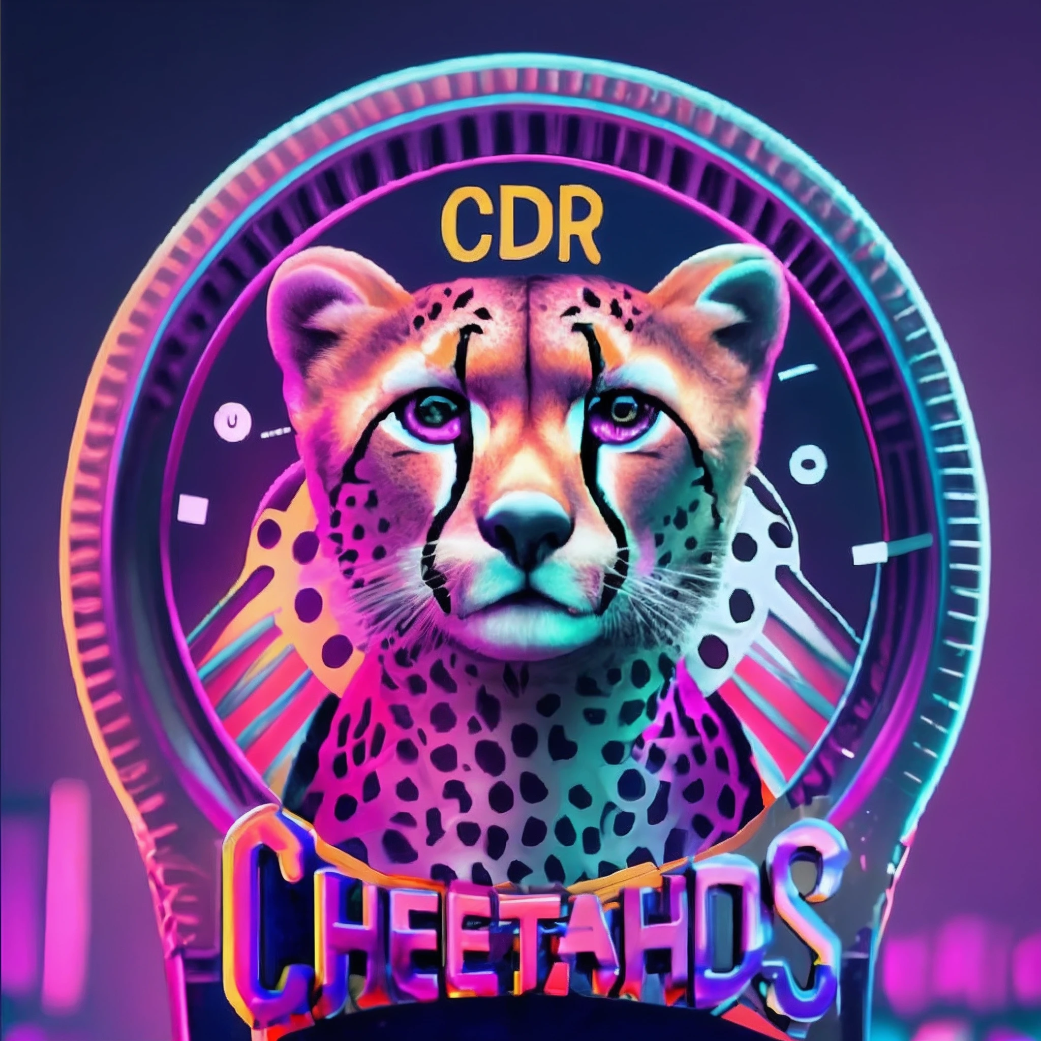 There is a cheetah clock with a neon background, Arte Oficial HDR, chita humanoide, arte Synthwave, arte retroonda, Guepardo, imagem Synthwave, arte oficial, estilo de arte Synthwave, Estilo C 4D, retroonda, album cape, retroonda ((Synthwave)), ( ( ( Synthwave ) ) ), Epic retrowave art