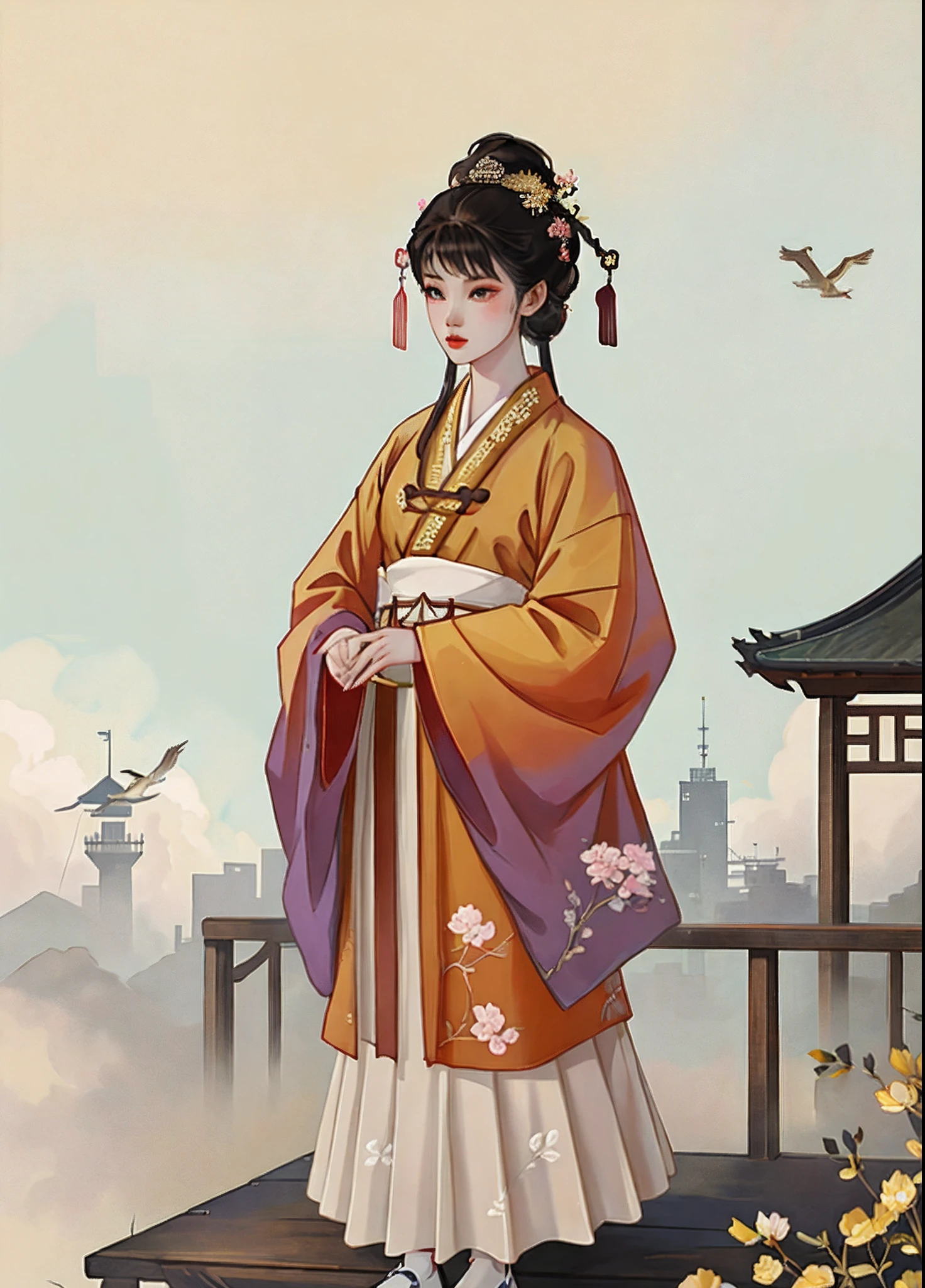 A cute little girl wearing Hanfu stood in front of the Yellow Crane Tower