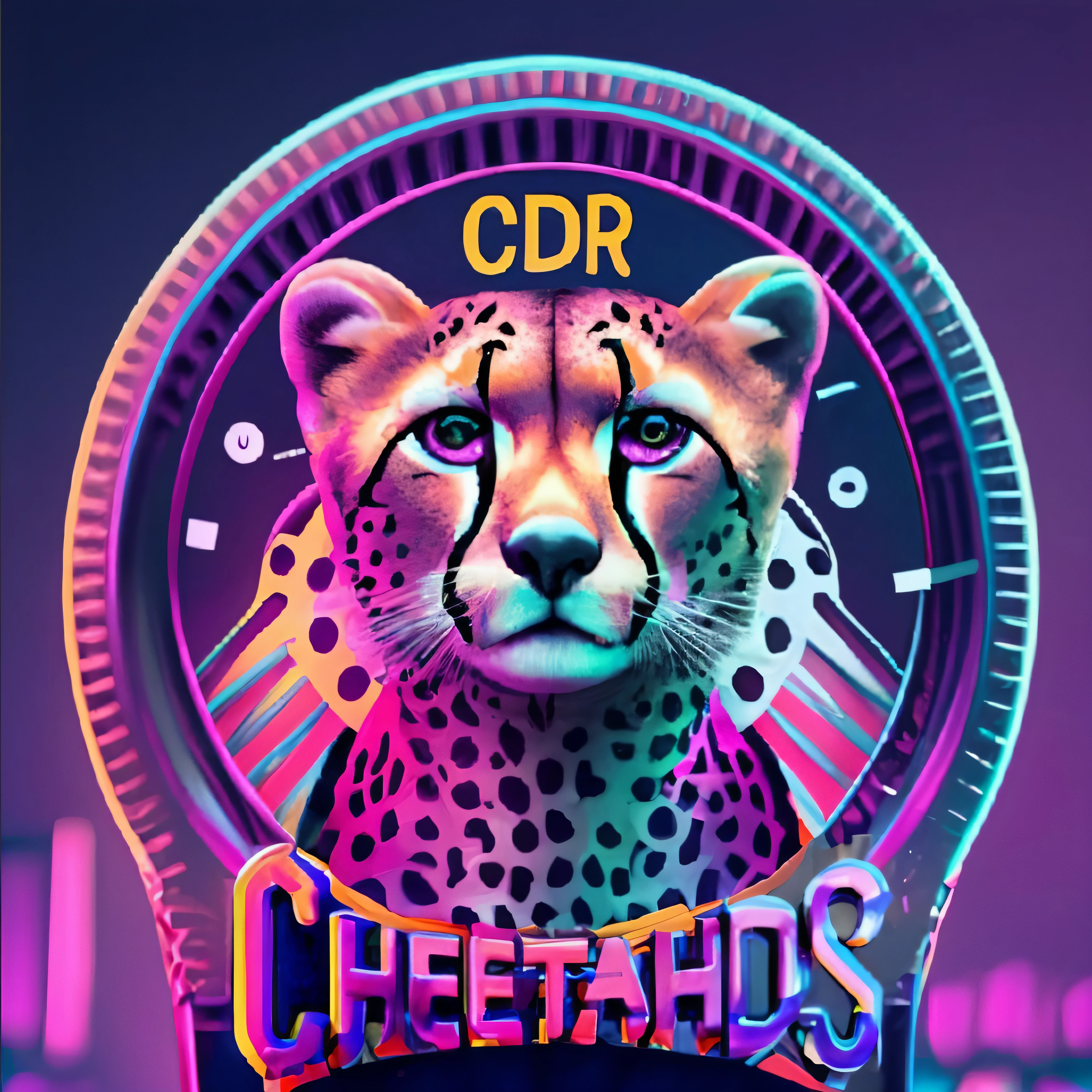 There is a cheetah clock with a neon background, Arte Oficial HDR, chita humanoide, arte Synthwave, arte retroonda, Guepardo, imagem Synthwave, arte oficial, estilo de arte Synthwave, Estilo C 4D, retroonda, album cape, retroonda ((Synthwave)), ( ( ( Synthwave ) ) ), Epic retrowave art
