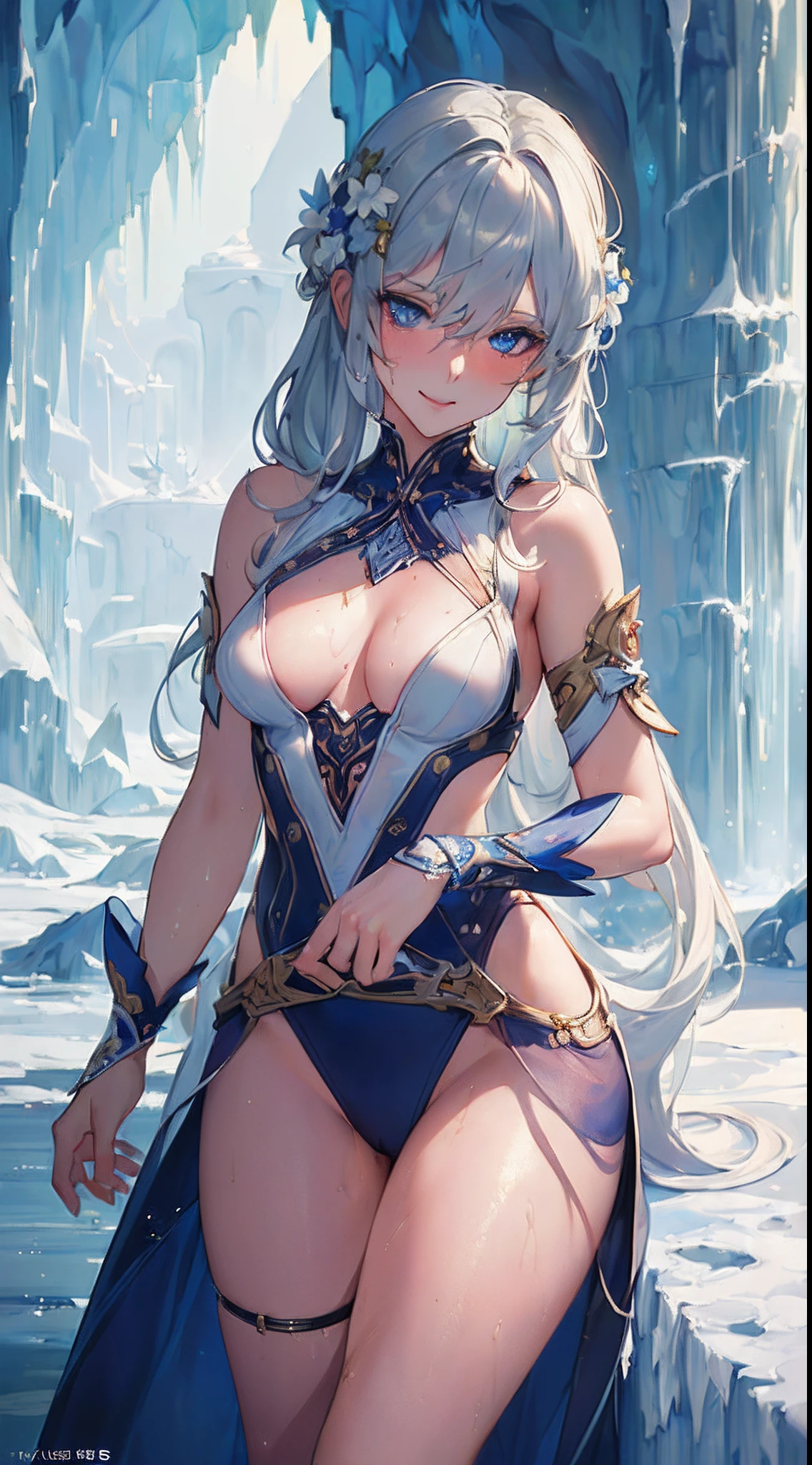 (((Clean, (Masterpiece:1.4), Best quality, highly detailed, Professional artwork, HD,HDR,UHD,16K))), 1woman, (solo), (mature and sexy:1.9), perfect body, slightly small breasts, (white long hair), messy wet hair, expressive eyes, (blue eyes), perfect face, seductive smile, ice scaled dress, ice cave