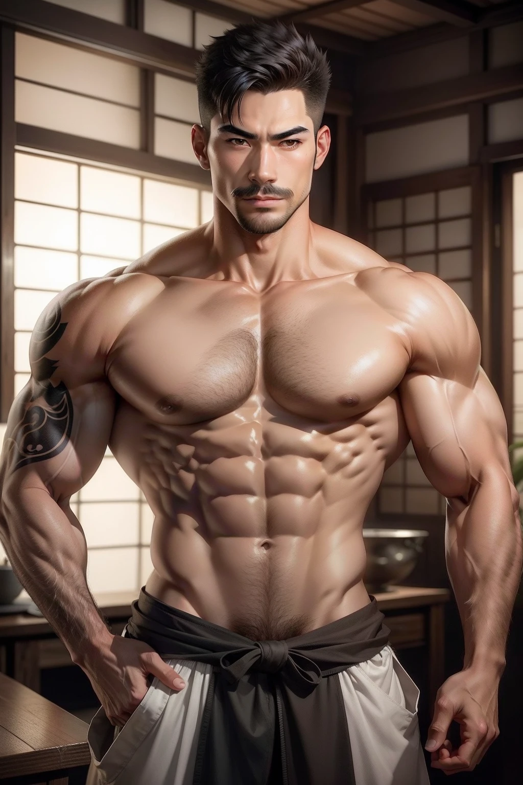 short detailed hair, photorealistic perfect body, Muscular, Handsome boy, Asian male, Muscular, Shirtless ,High detail, Lean and muscular, Detailed body, Muscle men ,Man, Handsome anime pose, Muscular body,Wearing clogs,There is chest hair,Has ventral hair,with mustache,Wear a Japanese loincloth,with tattoos,fully body photo