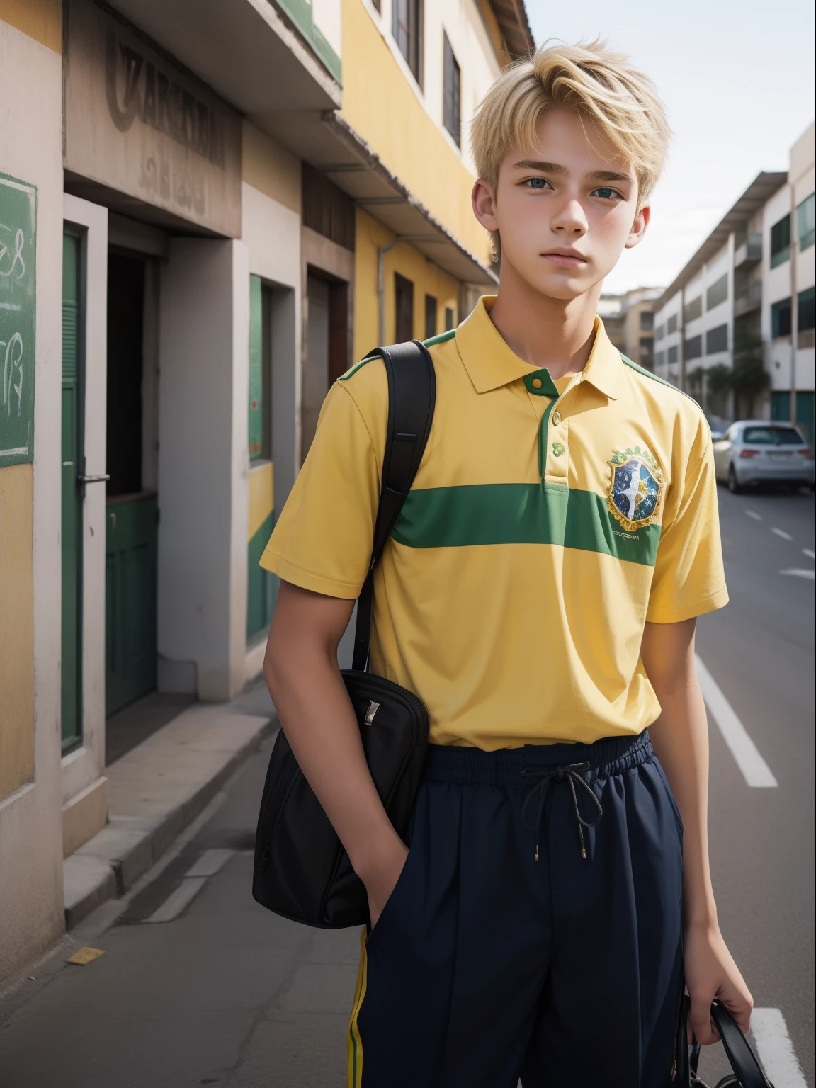 17-year-old blonde boy in front of Brazil school