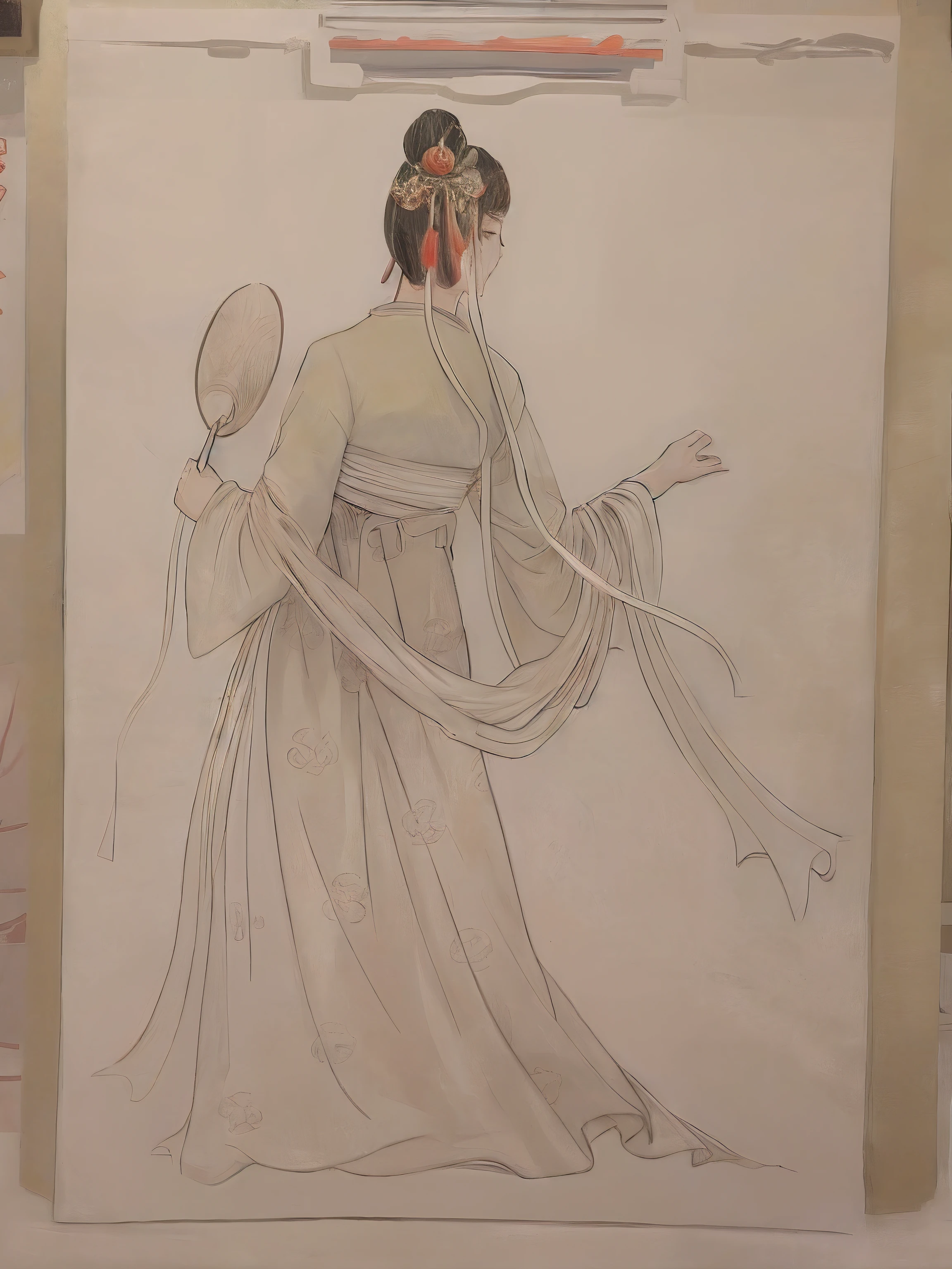 The woman wears Hanfu and holds a fan, inspired by Torii Kiyonaga, Inspired by Li Tang, inspired by Yun Shouping, Inspired by Qiu Ying, inspired by Emperor Huizong of Song, Inspired by Lan Ying, inspired by Tang Di, inspired by Ma Lin, inspired by Yun-Fei Ji, Inspired by Guo Xi