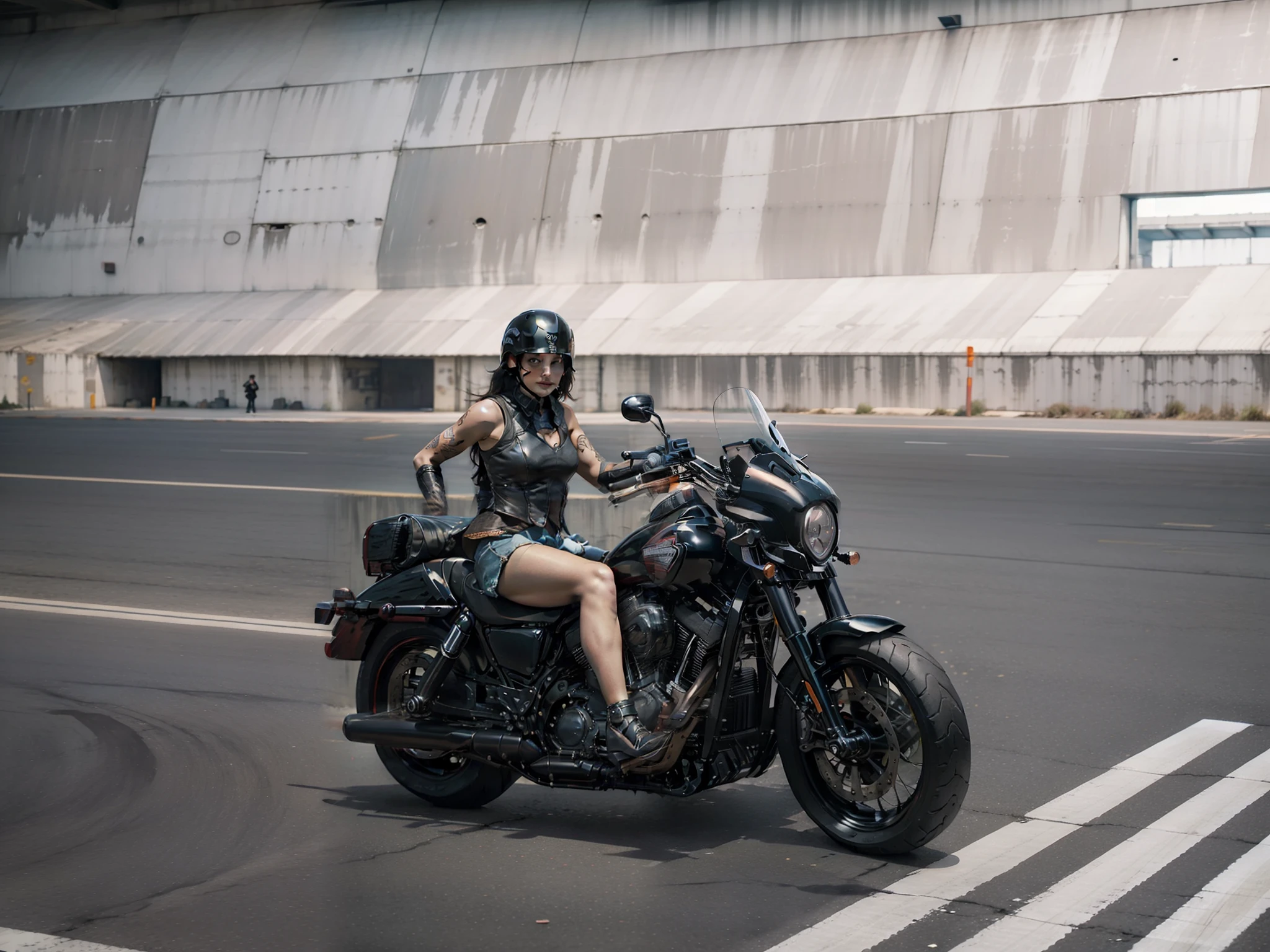 1个Giant ?????? Girl，Harley motorcycles，harley davidson，Full body armor and helmet，Black helmet，Para cobrir seu rosto，Wear a vest，???? upper body，sitting on the motorcycle，（Hand to heart），inside the tunnel