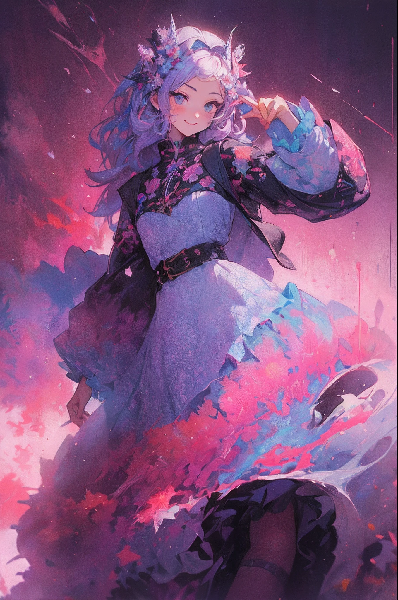 ((Flower dress),((Demon Horns)),Ghost people,innocent smiles,(1 girl, Solo:1.6),(Cute smile),(Clothes are simple), (Best Impact:1.5), (maximalism:1.7), Vivid contrast, (Realistic), hyperrealistic illustrations, hight resolution, ultra-detailliert, absurderes,(Fractal Art:1.3)、Random hairstyle、Random hair color colorful、FULL BODYSHOT、Retro、Precise focus、randome pose、cinema4d、Drama