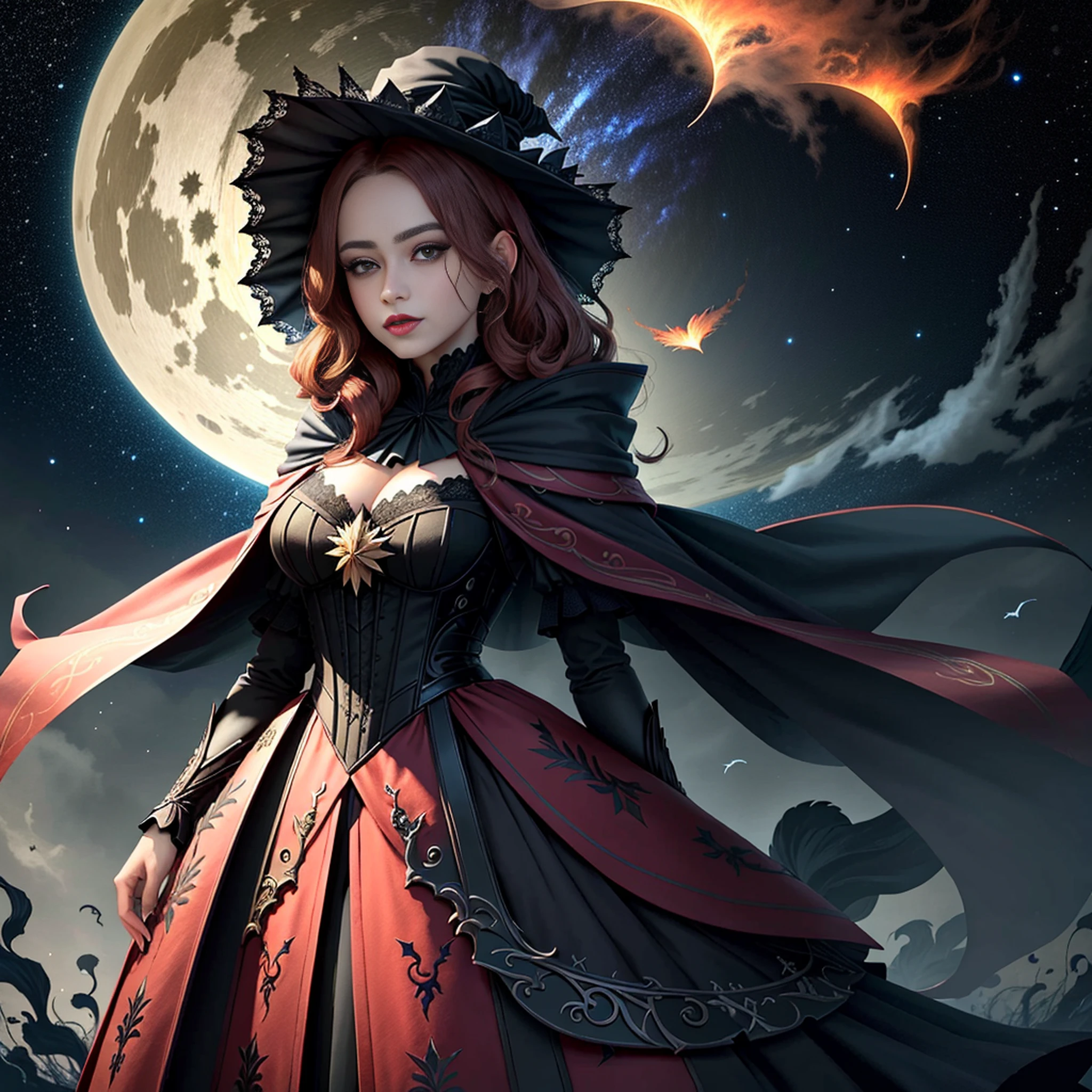 an image of a beautiful exquisite female vampire standing under the starry night sky on the balcony of her castle, Dynamic angle (ultra detalhado, master part, best quality), Face Ultra Detalhada (ultra detalhado, master part, best quality), ultra feminino, pele cinzenta, red hair, cabelos ondulados, dynamic eye color, olhos frios, olhos brilhantes, olhos intensos, dark red lips, [Presas], usando vestido branco (ultra detalhado, master part, best quality), Capa azul (ultra detalhado, master part, best quality), Capa comprida, flowing cloak (ultra detalhado, master part, best quality), Botas de salto alto, sky full of stars background, fantasia_Noite, lua, Bats flying around, Detalhes altos, best quality, 8k, [ultra detalhado], master part, best quality, (ultra detalhado), corpo inteiro, tiro ultra largo, fotorrealismo, arte de fantasia sombria, arte de fantasia sombria, gothic art, muitas estrelas, arte de fantasia sombria, gothic art, feeling dread,