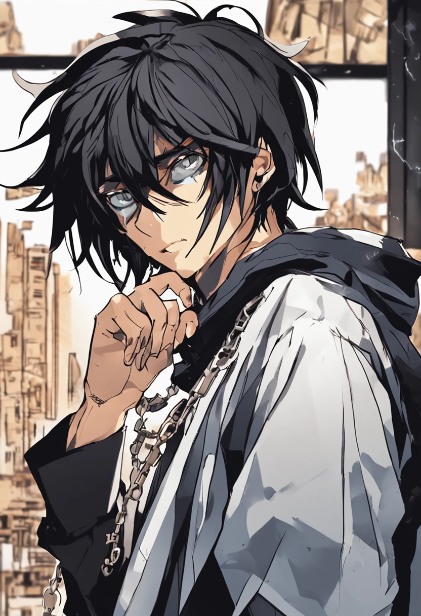 (melhor qualidade, obra-prima) L Lawliet do anime Death noter, in a unique and captivating style, fundo escuro, intense expression, olhos penetrantes, cabelo preto desarrumado, roupas escuras e elegantes, silhueta misteriosa, postura confiante em um quarto com livros e um computador.