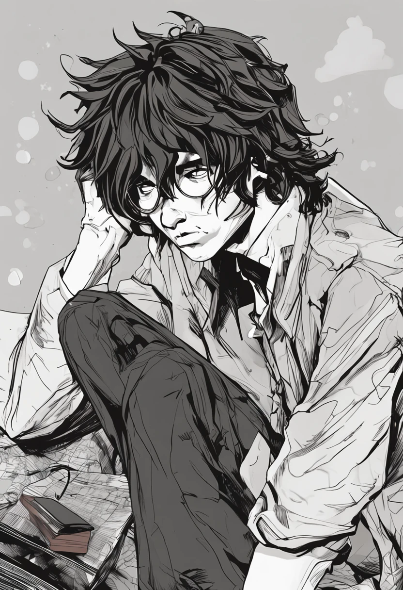 (melhor qualidade, obra-prima) L Lawliet do anime Death noter, in a unique and captivating style, fundo escuro, intense expression, olhos penetrantes, cabelo preto desarrumado, roupas escuras e elegantes, silhueta misteriosa, postura confiante em um quarto com livros e um computador.