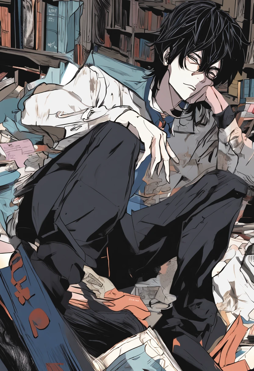 (melhor qualidade, obra-prima) L Lawliet do anime Death noter, in a unique and captivating style, fundo escuro, intense expression, olhos penetrantes, cabelo preto desarrumado, roupas escuras e elegantes, silhueta misteriosa, postura confiante em um quarto com livros e um computador.