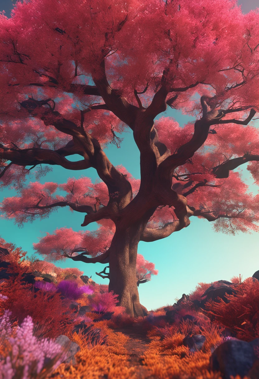 crear tres imagenes separadas que formen un paisaje con un arbol de la vida en muchos colores