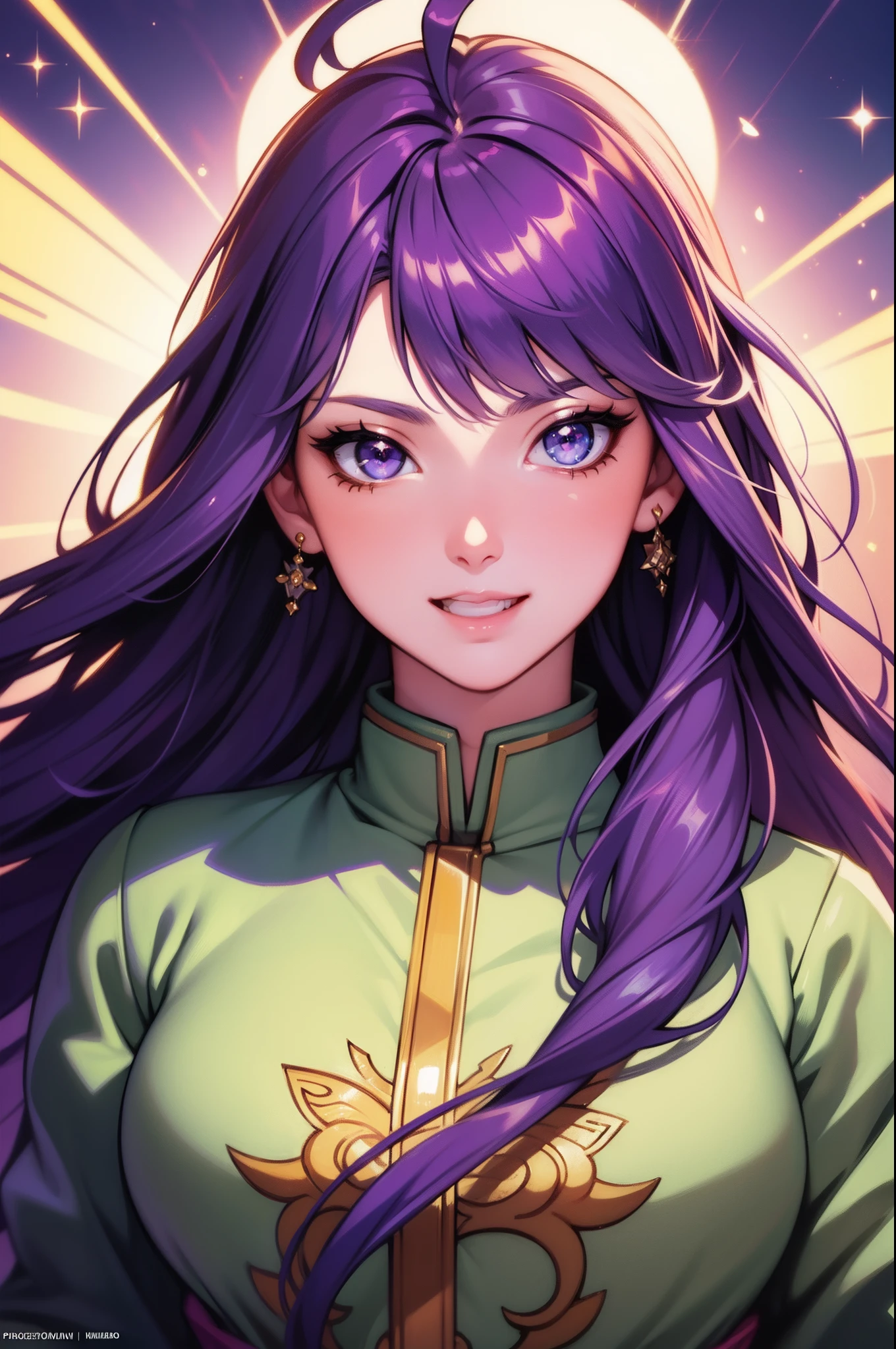masterpiece, best quality, beautiful detailed hair detailed face, perfect feminine face, [outline:1.5], (happy:1.2), open mouth, smiling, (close-up potrait:1.2), face focus, a beautiful and cute girl with sparkling and glowing purple hair, young girl, solo, 1girl, ahoge, side hair, very long hair, shiny skin, shiny foreheads, lens flare, sharp focus, volumetric lighting, trending on artstation, pixiv, by sakimichan, george kamitani, akira yasuda, alphonse mucha, greg rutkowski, gil elvgren, william-adolphe bouguereau, oil on canvas
