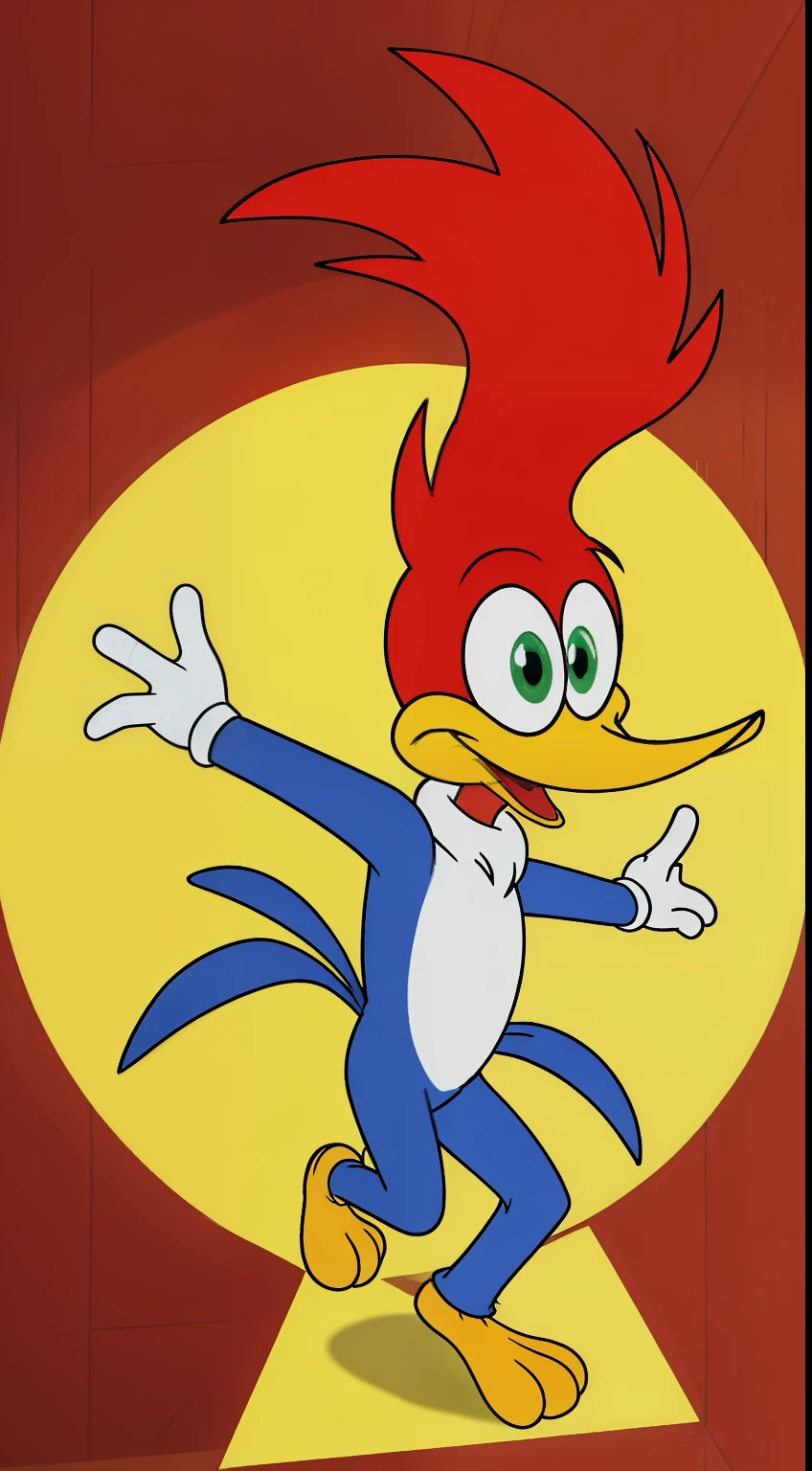 masterpiece, running, flat colors, Cartoon drawing, Woody Woodpecker, woodpecker, cartoon, funny, fun, humanoid bird,red head, yellow peak, expressive eyes,2d, smile, smilling, dynamic,4k, wallpaper, best quality, (explosion), cinematic, epic, blue body, white chest, white hands, yellow paw, anime style, gorgeous, smooth skinm contrast, destruction