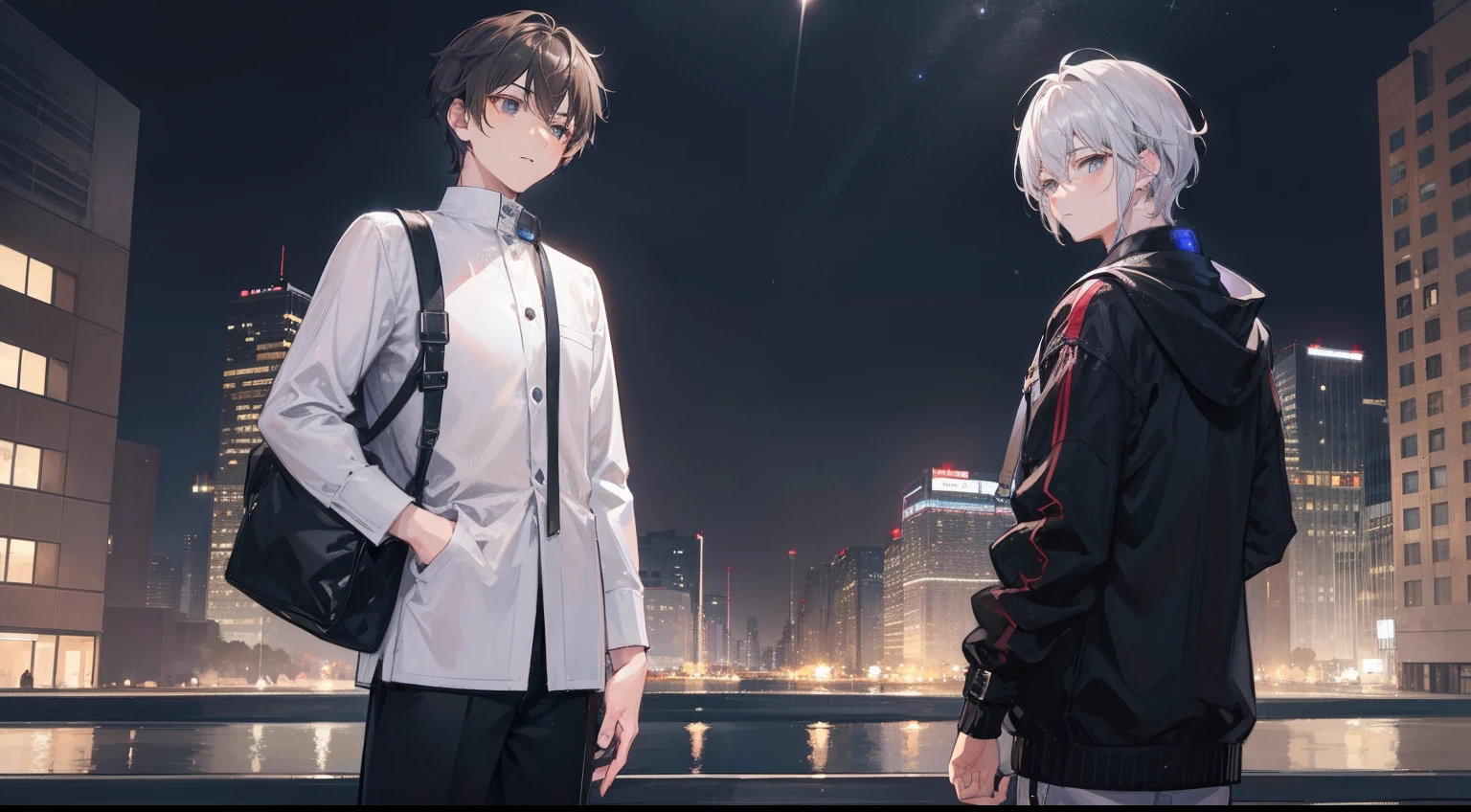 Two Boys, Silver-haired boy and brown-haired boy, Park at night、Boys Love、Talking、hight resolution、ultra-detailliert
