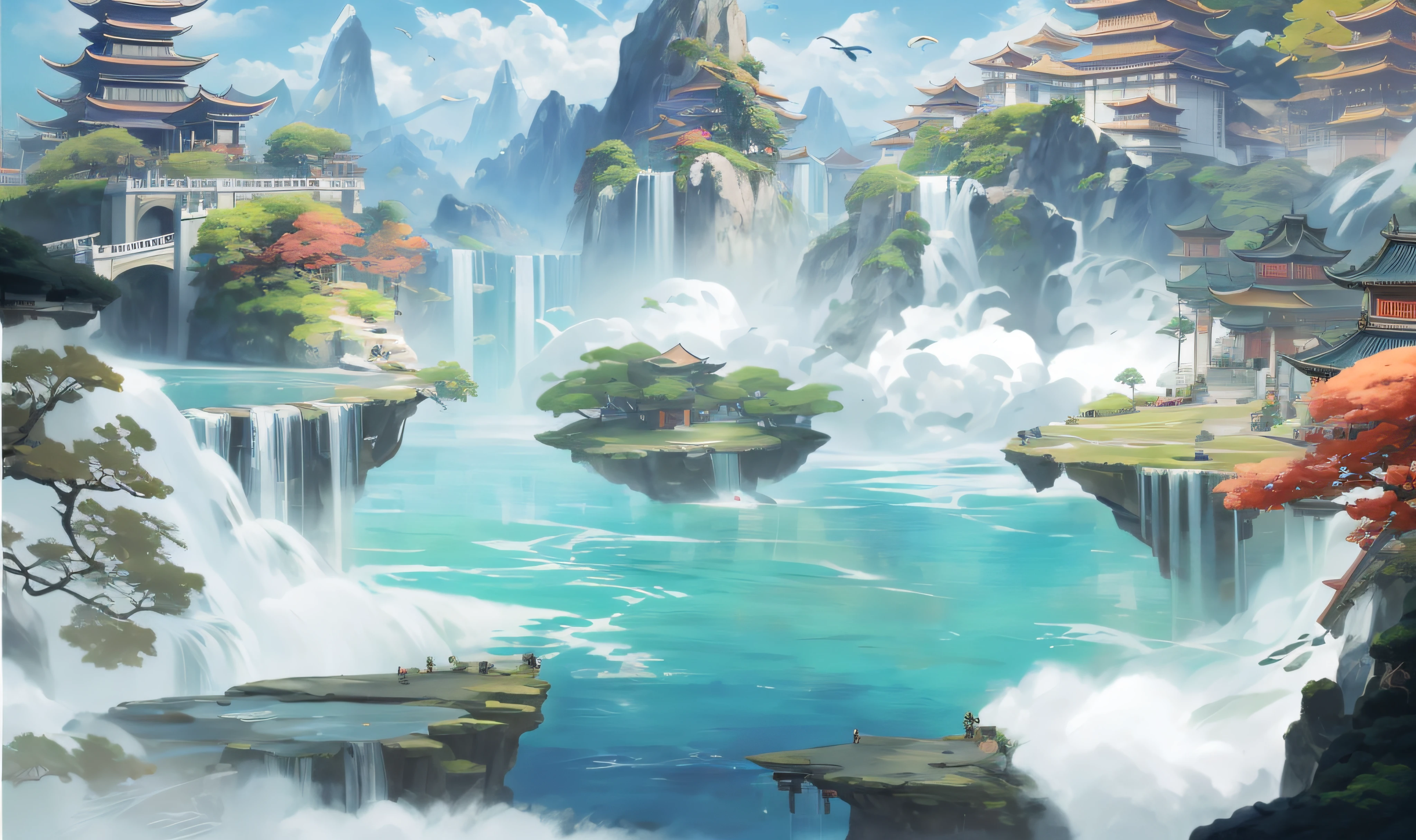 There is a painting of a waterfall，There is a bridge and a pagoda on it, ross tran. scenery background, G Liulian art style, Concept art wallpaper 4K, anime landscape wallpapers, Anime landscape, Anime landscape concept art, Onmyoji detailed art, By Li Song, Detailed scenery —width 672, Rosla global lighting, amazing wallpapers