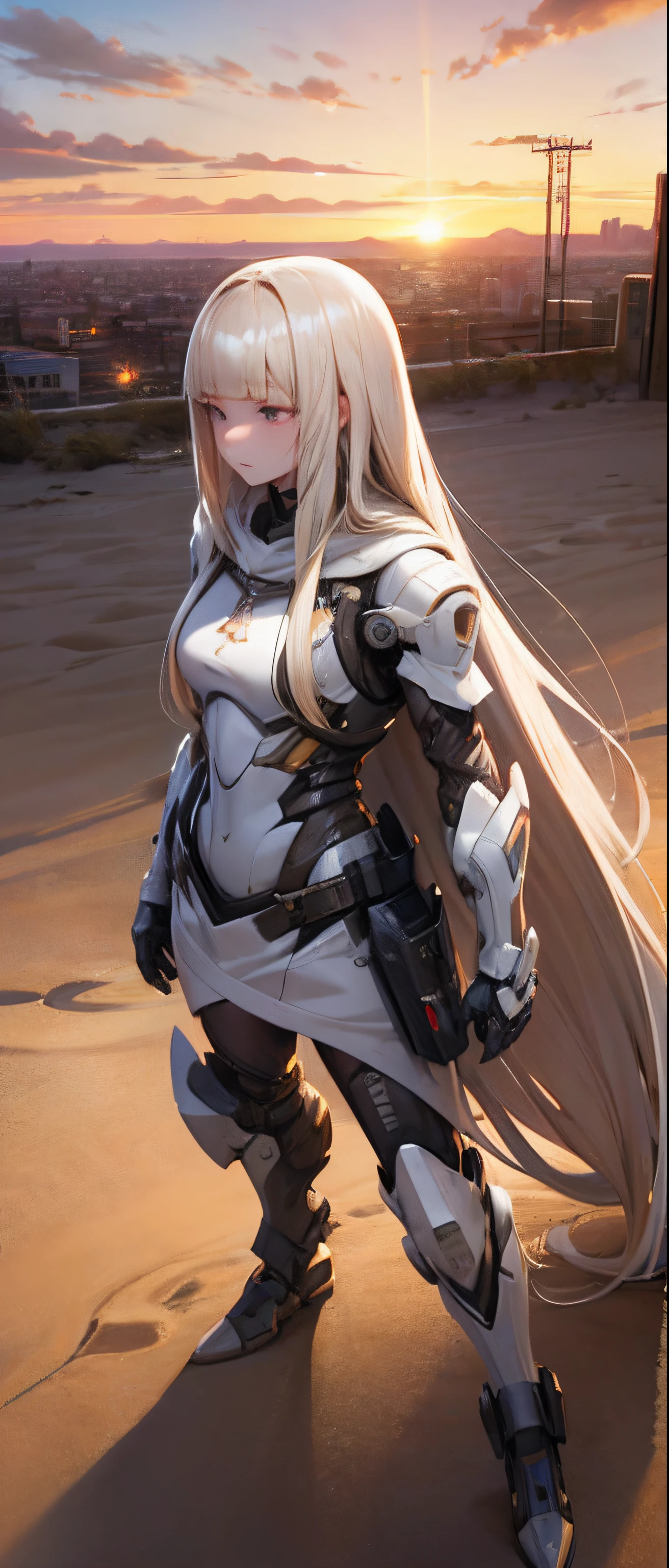 best quality,masterpiece,girl with a powered exoskeleton,extremely long hair,spreading hair,ivory hair,wet,1 girl,hair strand,Fair skin,blunt bangs,hoodie,looking away,ruined city,sand dancing,desert,(evening),sunset,(whole body),