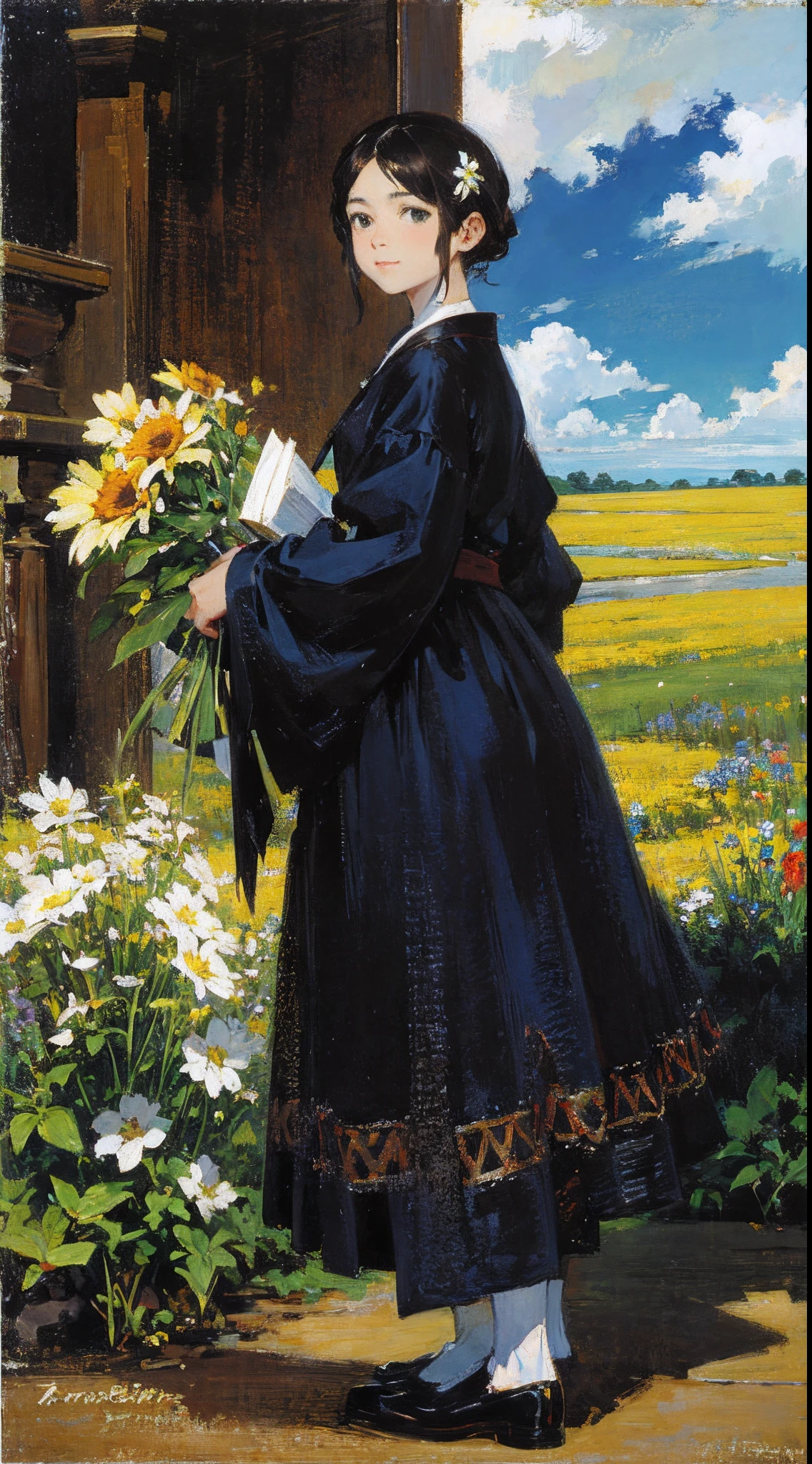 oil painted,Oil paints,tmasterpiece,Renaissance,Skysky,Clear blue sky,Clouds,nice detailed sky,Beautiful sea of flowers,flower sea,zaun,Flowers in hand,Works of masters,scenecy,The back of the person,very small character,The theme is the landscape,Old fashioned building,western architecture,himawari,flower field