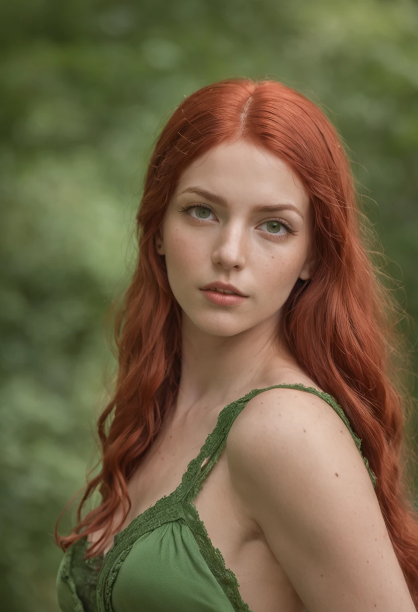 intricate detailed portrait of a beautiful young woman with red hair, delicate facial features, pale skin, sensitive expression, sitting in a lush green forest, dramatic lighting, cinematic composition, mystical atmosphere, fantasy, ethereal, painterly, warm color palette, magical realism