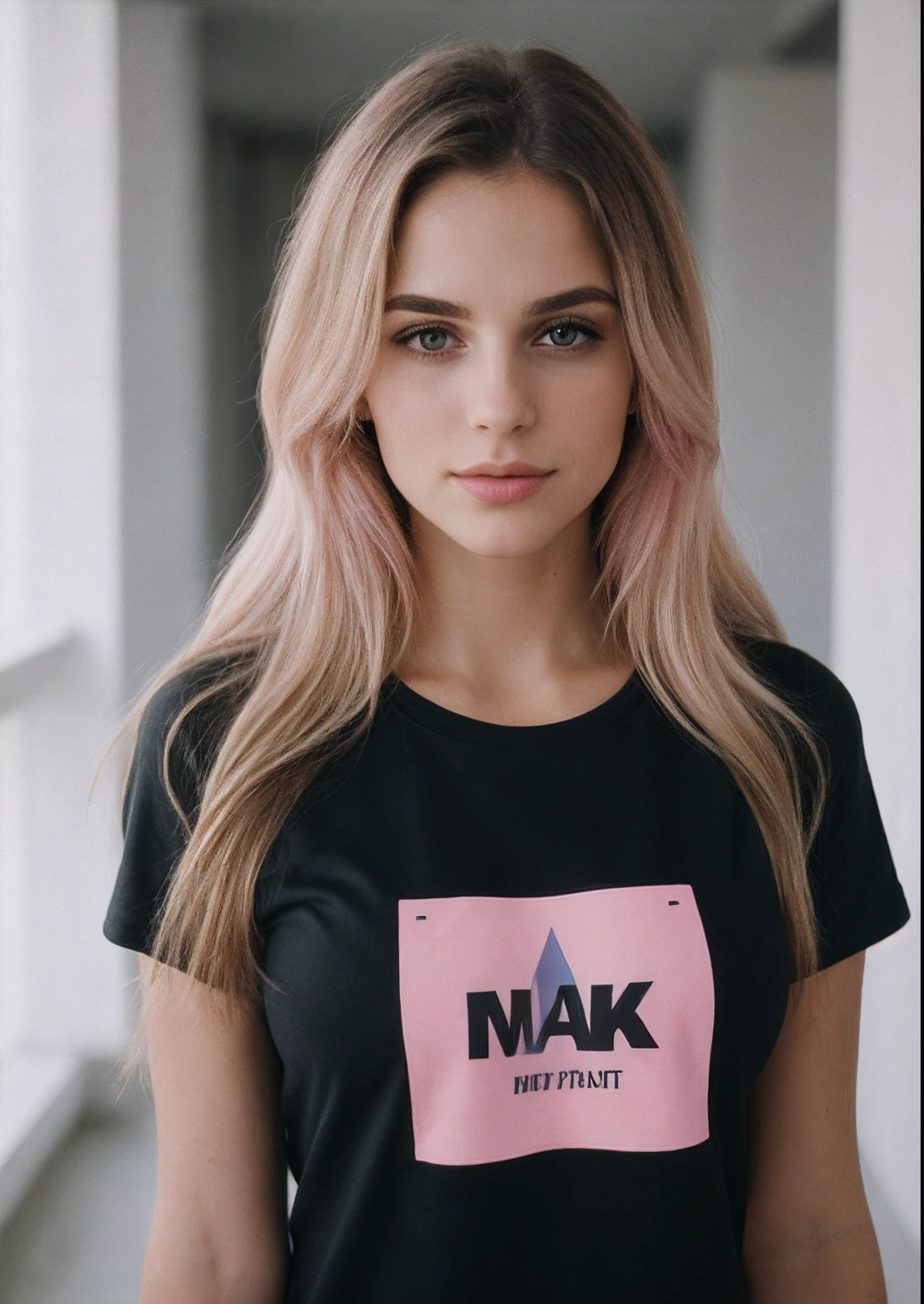 taken with iphone camera BREAK selfie medium shot of a beautiful young woman BREAK (ombre: 1.3) Blonde Pink BREAK Grain Film, Average quality wearing black workout t-shirt