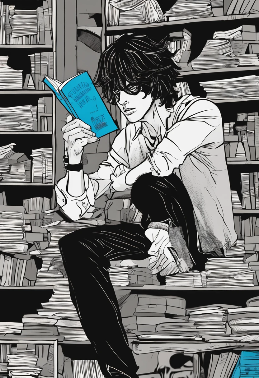 (melhor qualidade, obra-prima) L Lawliet do anime Death noter, in a unique and captivating style, fundo escuro, intense expression, olhos penetrantes, cabelo preto desarrumado, roupas escuras e elegantes, silhueta misteriosa, postura confiante em um quarto com livros e um computador, a qualidade deve ser impecavel.
