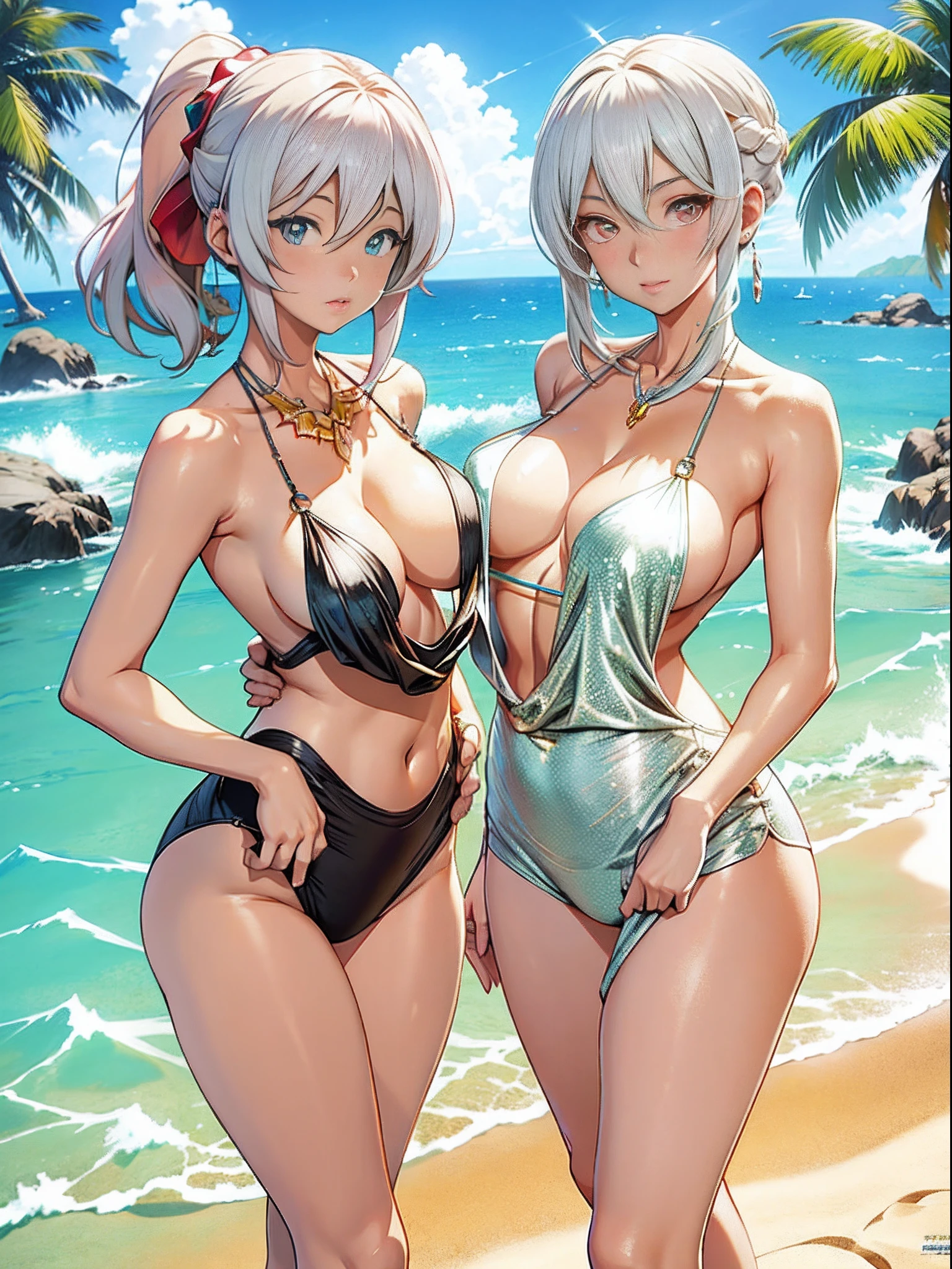 Two women in bikinis pose for a photo on the beach, seductive anime girls, beautiful and seductive anime woman, Guviz-style artwork, Perfect white haired girl, Guviz, Beautiful anime girl, ross tran. scenery background, in beach, Beautiful anime woman, trending on artstation pixiv, Extremely detailed Artgerm, Beautiful anime,Extra-large big breasts,Blush,